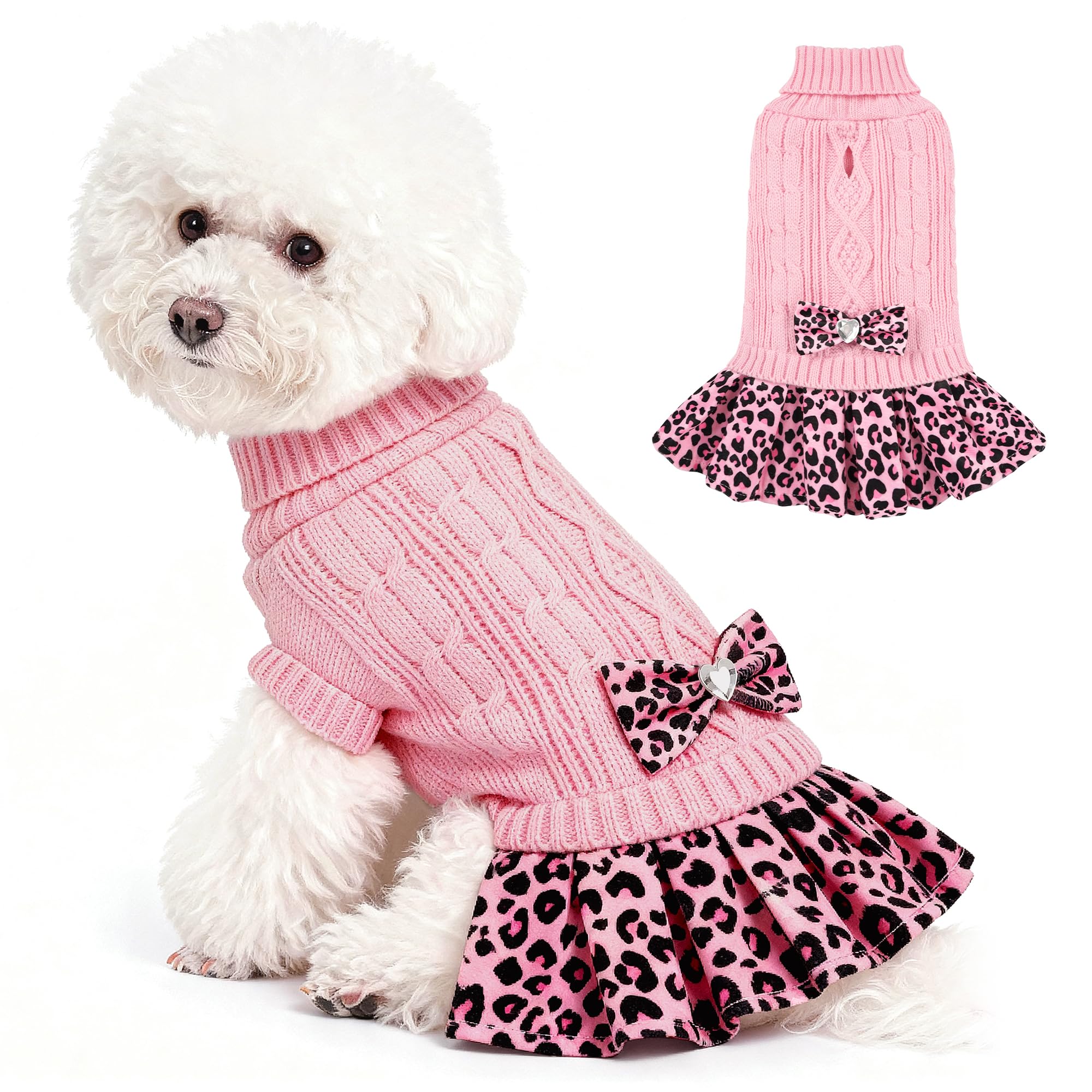 WOYYHO Girl Dog Sweater Dress with Bowtie Turtleneck Small Dogs Sweater with Leash Hole, Knitted Small Dog Sweaters Dress Puppy Winter Clothes for