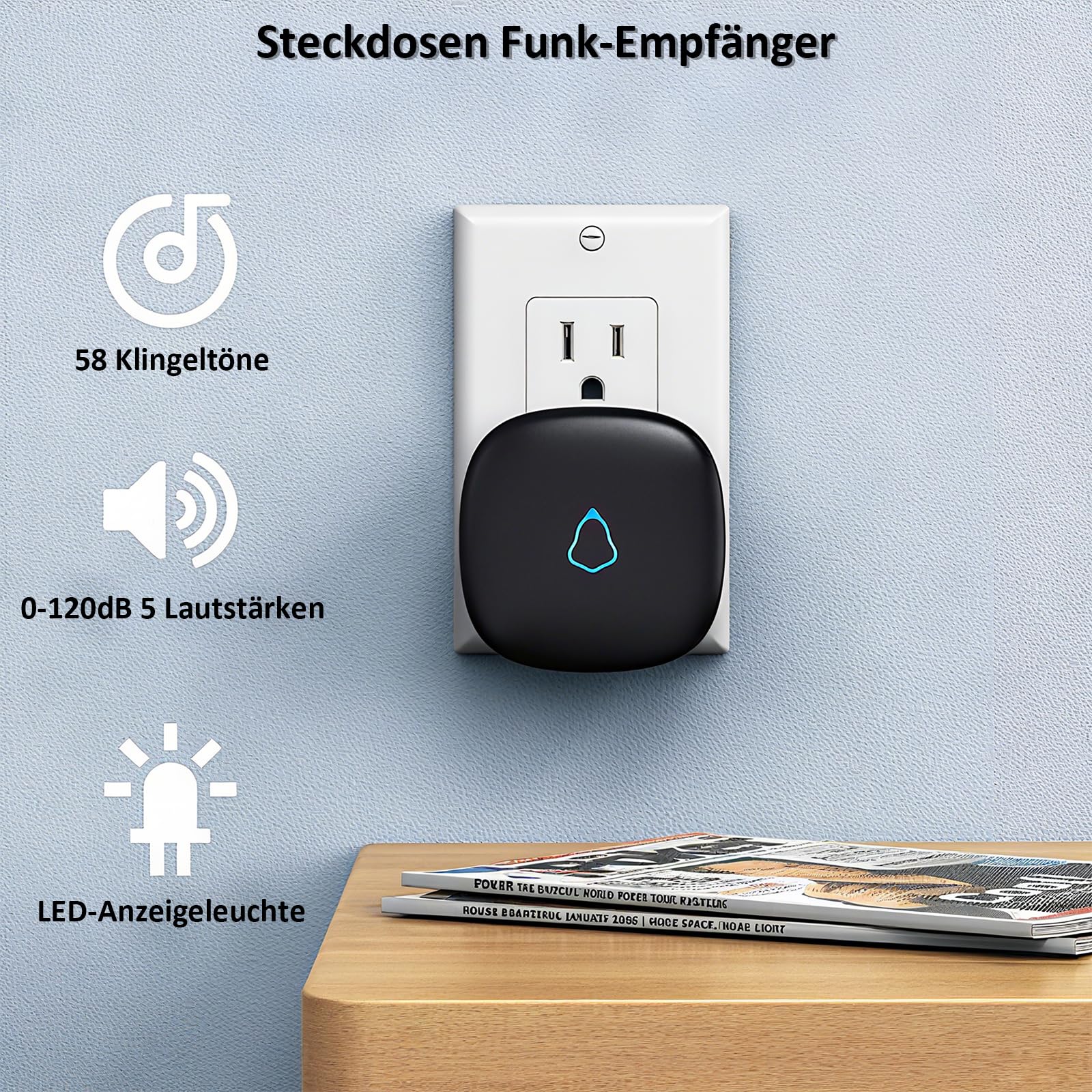 SECRUI Funkklingel Türklingel für Haustür, 2 Empfänger + 1 Sender Haustürklingel Set,Funk Tür Klingel,Kabellos Doorbell mit 58 Melodien,0-120dB 5 Lautstufen, LED-Licht,300m Reichweite,IP55 Wasserdicht