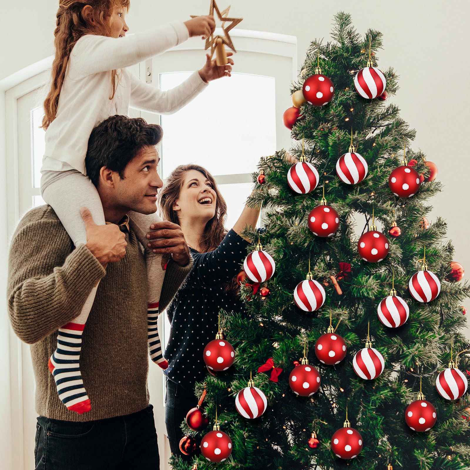 Lot de 24 boules de Noël à suspendre pour sapin de Noël, décorations de Noël à pois rouges et blancs, décoration de Noël, menthe poivrée, sucre d'orge, décoration de fête de mariage
