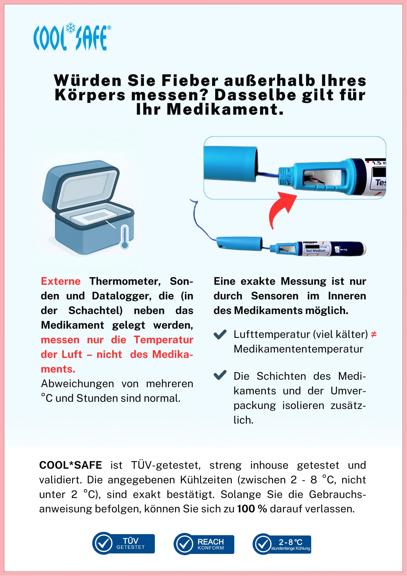 COOL*SAFE Medikamenten-Kühltasche/Insulin-Kühlbox, TÜV-getestet, Diabetiker, Reisen, Alltag. 18–24 h Kühlung bei 2–8/2–15 °C. Medikamente, Pens, Spritzen -Schutz vor Hitze & Einfrieren
