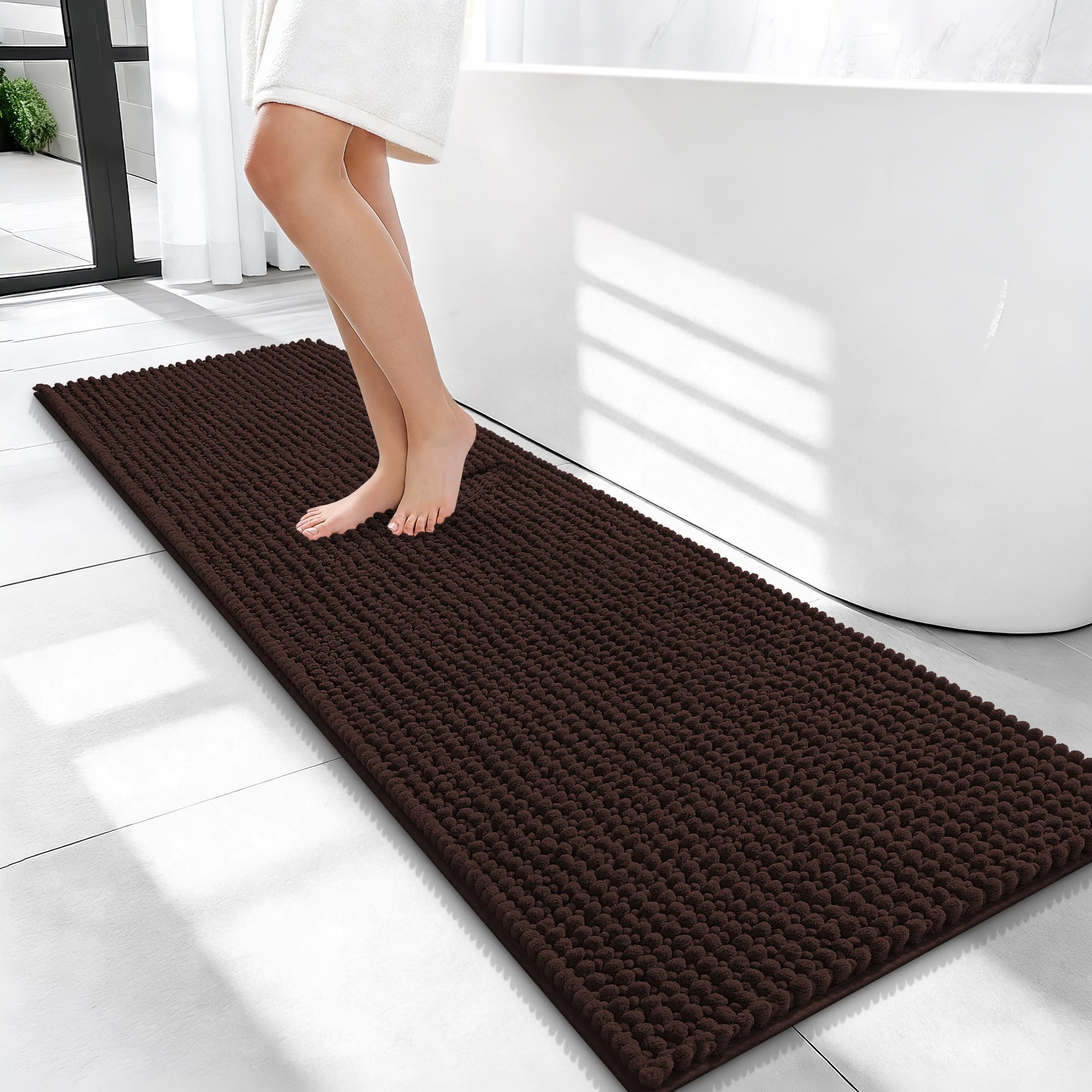 OLANLY Thick Chenille Bathroom Runner Rugs 47x17, Absorbent Bath Mat, Brown