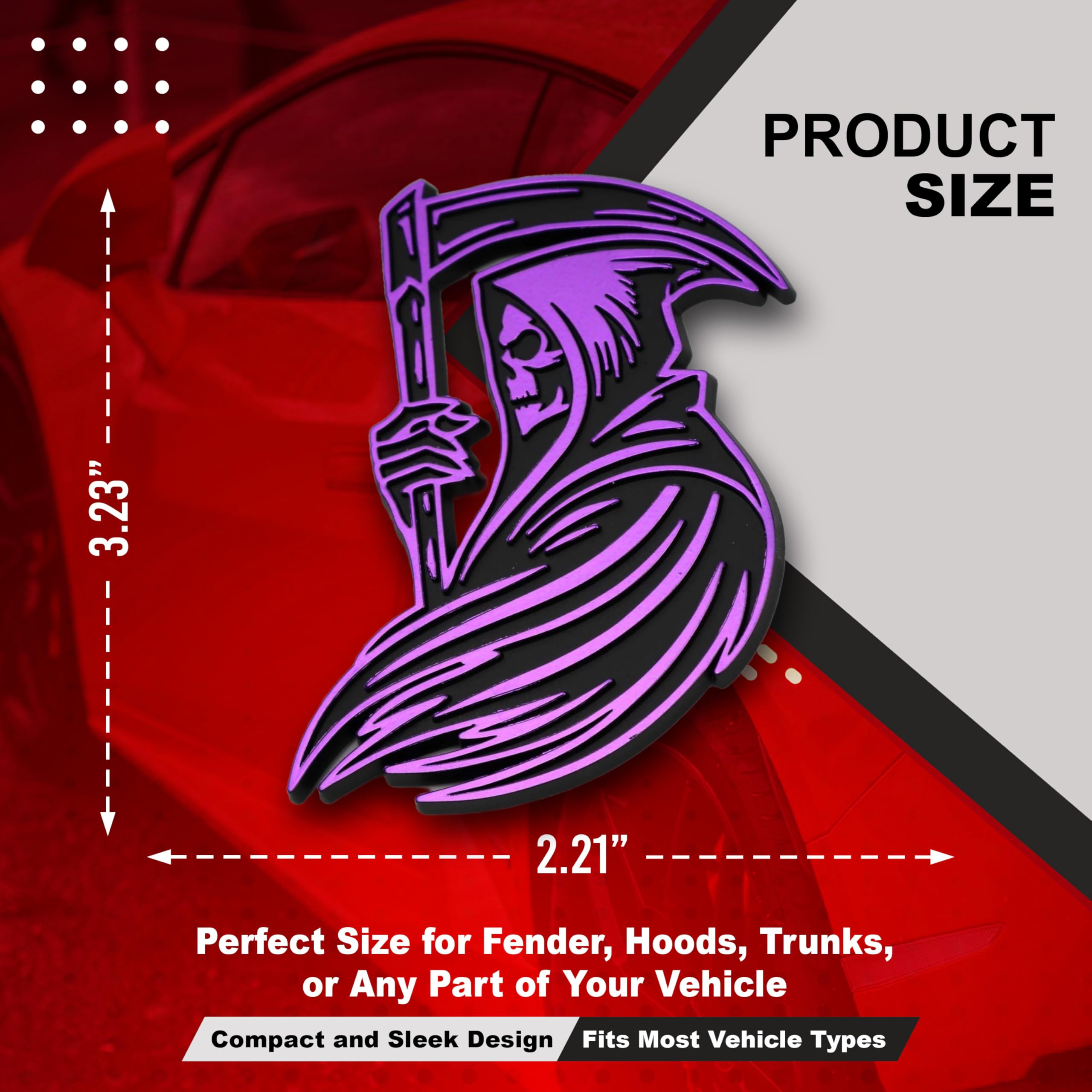 Emblema de la Parca, calcomanía 3D personalizada para automóvil, duradero, resistente a la intemperie, para el exterior del maletero, para coche, camión, SUV (juego de 2) (morado)