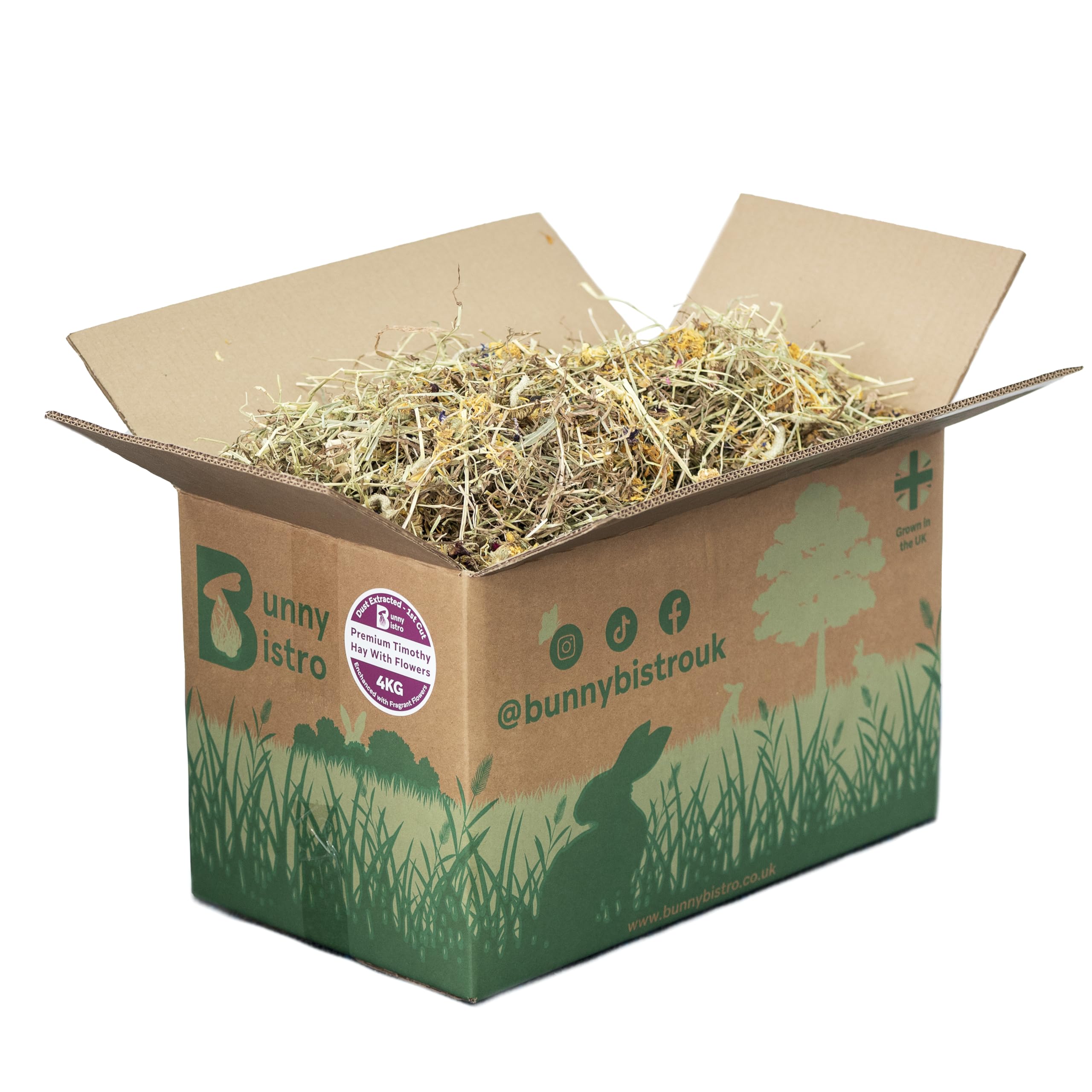 Bunny Bistro Premium Timothy Hay 1st Cut with Flowers 4kg Box | Natural UK Grown Feeding Hay for Rabbits, Guinea Pigs & Small Pets, High in Fibre, Dental Care, Dust Extracted Bedding, Eco-friendly