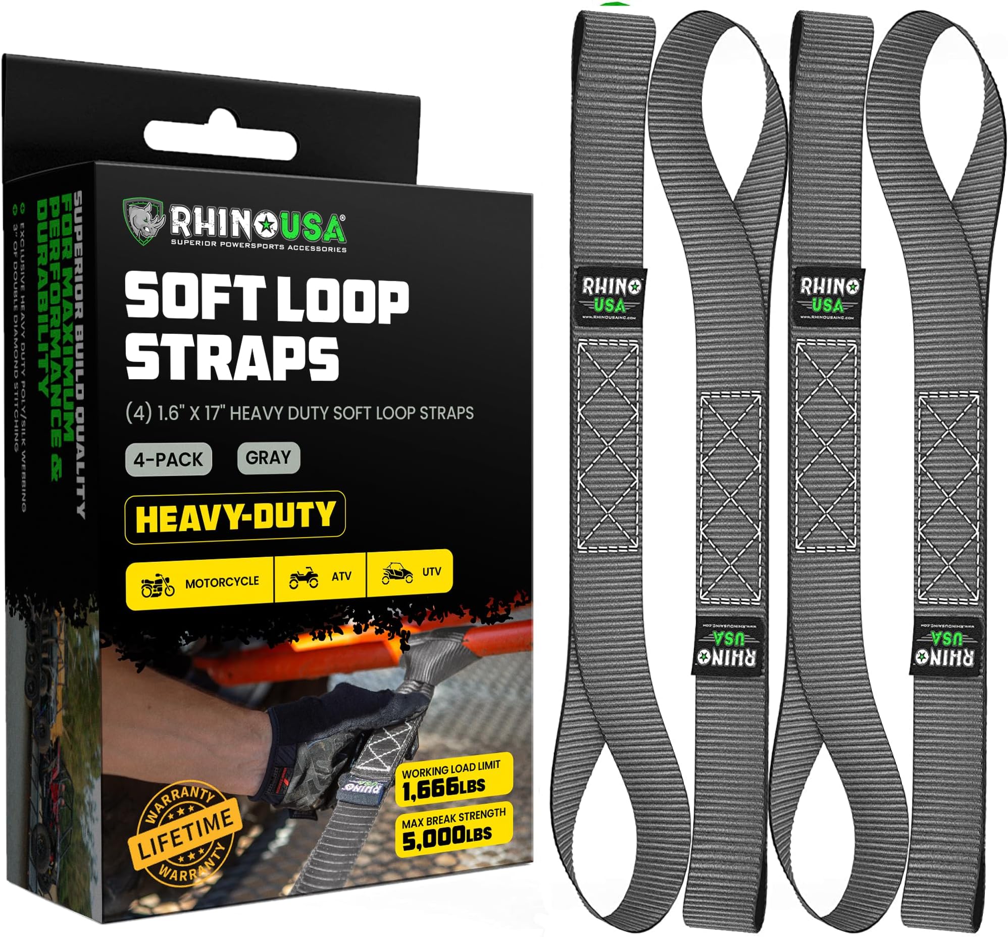 Rhino USA Soft Loop Tie Down Straps (4-Pack) - 1.6 Inch x 17 Inch (5,000 lbs Break Strength) Heavy Duty Motorcycle Handlebar Straps for use with Ratchets for ATV, UTV, Dirt Bike (Gray)