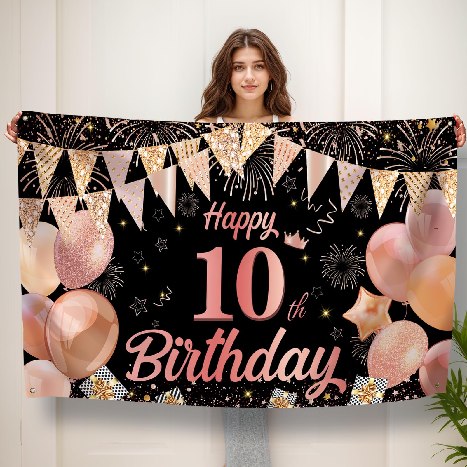 Koliphy 10th Birthday Banner, Happy 10th Birthday Banner Backdrop Decorations Handheld Extra Large Party Background Decor Sign Poster for Boys & Girls(Black Rose Gold)