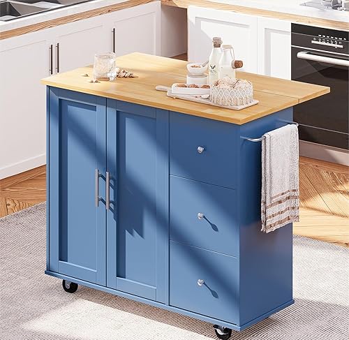 SUNLEI Isla de cocina con ruedas con armario de almacenamiento y hoja plegable, mesa de cocina rodante, asa de carrito para toallero, hoja caída,