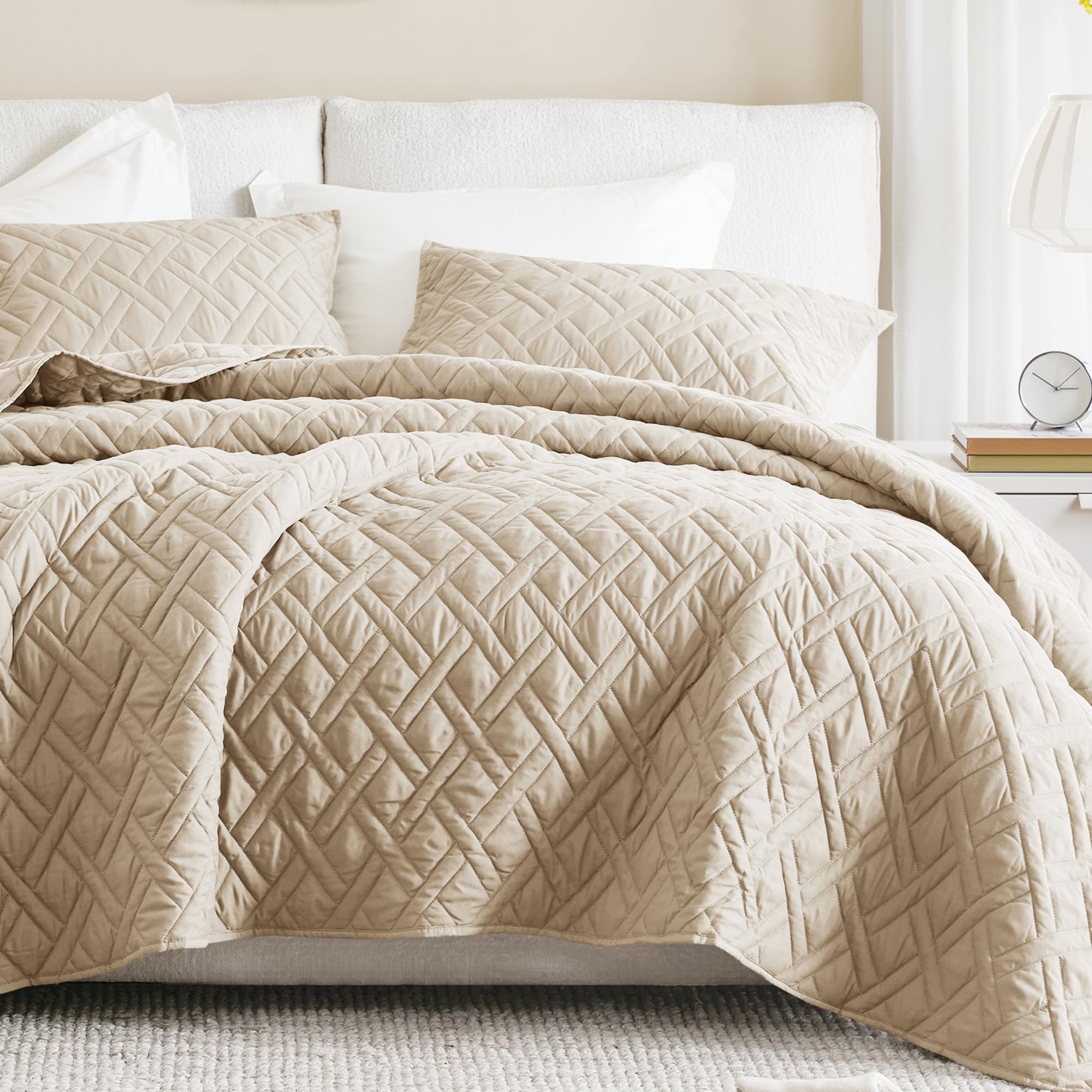 Comfort Spaces Comfort Spaces Kienna Queen Quilt Bedding Set 3P, 90"x90" Beige Diamond | Soft Cozy Lightweight Summer Coverlet Full Size, Quilted Bedspreads Extra Layer, Modern Casual Bedroom Decor, OEKO-TEX, Beige, Quilt Full/Queen(90"x90"), Diamond
