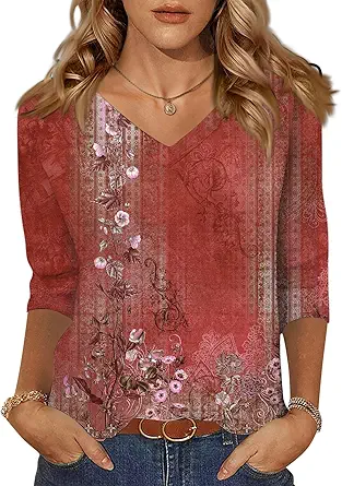 HTHLVMD Womens 3/4 Length Sleeve Tunic Tops Summer Fall Outfits 2025 Three Quarter Sleeve Casual V Neck T Shirts for Women