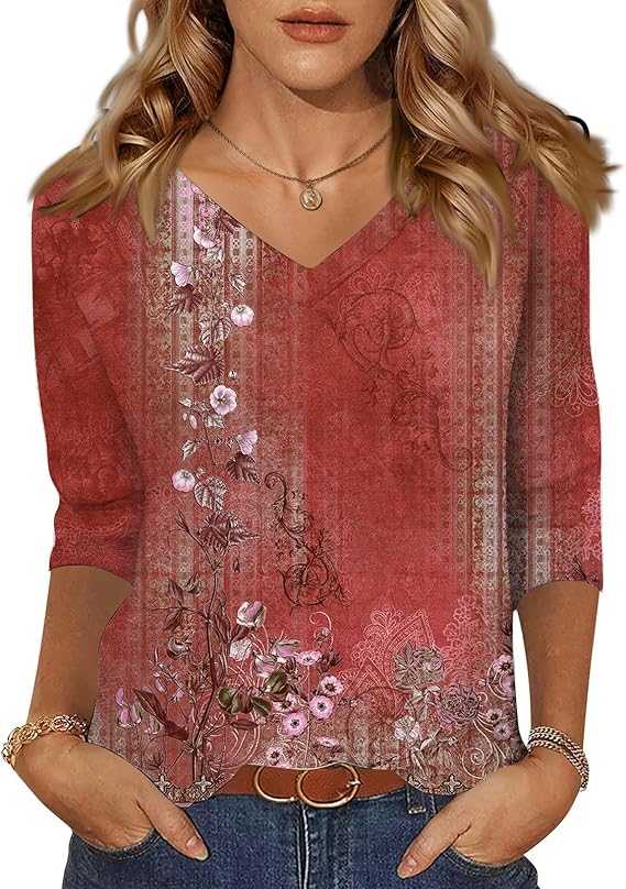 HTHLVMD Womens 3/4 Length Sleeve Tunic Tops Summer Fall Outfits 2025 Three Quarter Sleeve Casual V Neck T Shirts for Women