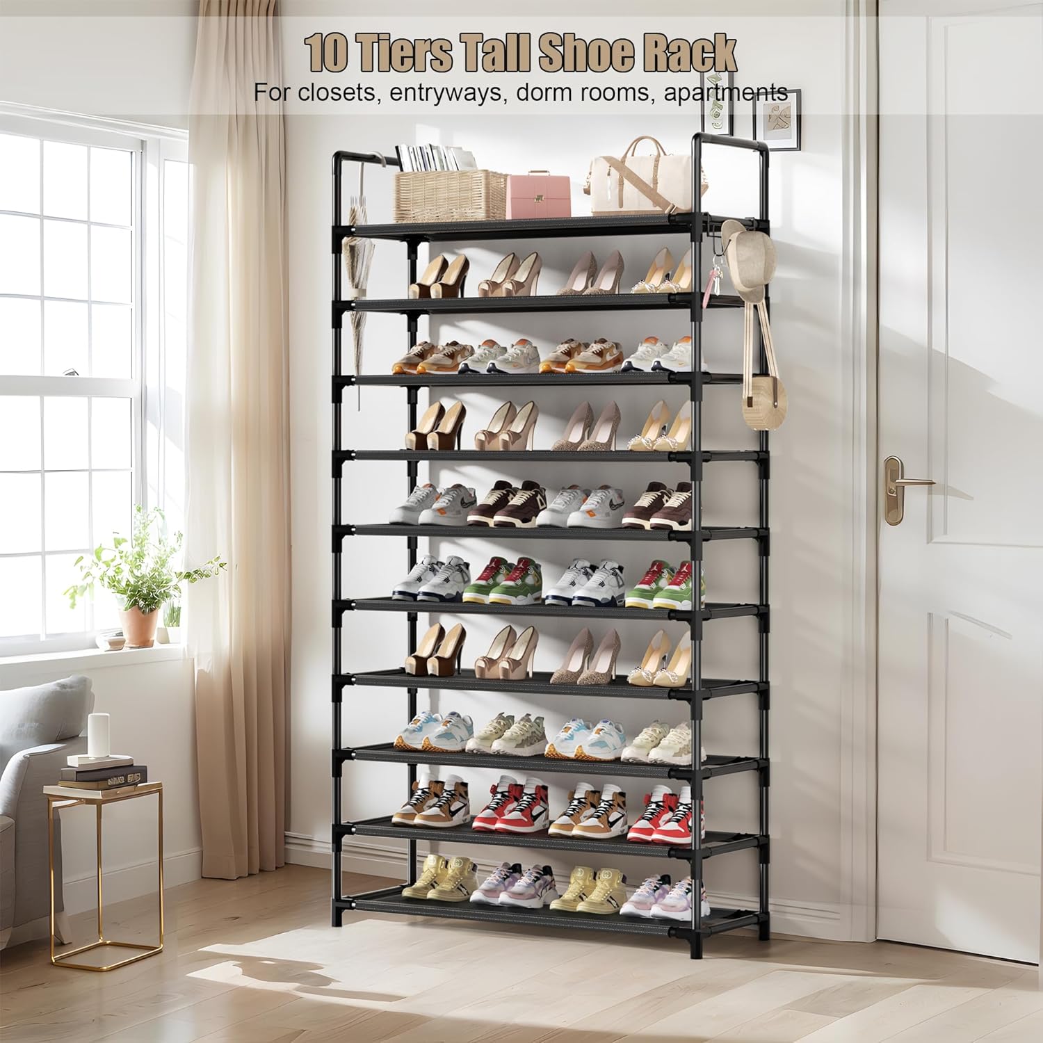 Shoe Rack, 10 Tier Shoe Storage Organizer with Hooks,Fit 40-45 Pairs Shoes,Metal Tall Shoe Shelf for Closet,Entryway, Hallway,Garage,Bedroom,Cloakroom