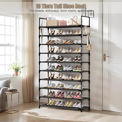 Miniatura 4 de Zapatero, organizador de almacenamiento de zapatos de 10 niveles con ganchos, se adapta a 40-45 pares de zapatos, estante alto de metal para