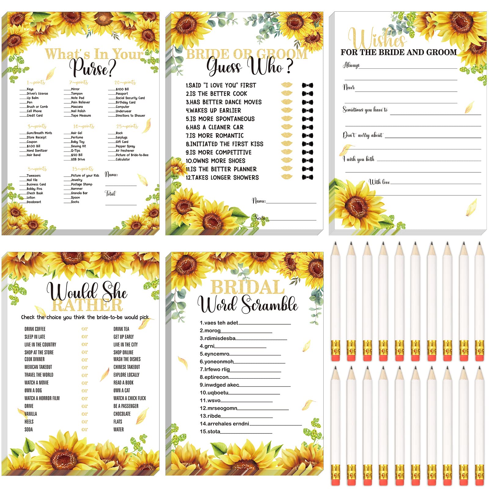 145 Pieces Bridal Shower Game Bridal Shower Favors Wedding Shower Games Set Include Wedding Games Cards and Pencils for Bride Groom Bachelorette Party Wedding Shower Party Favor (Sunflower Style)