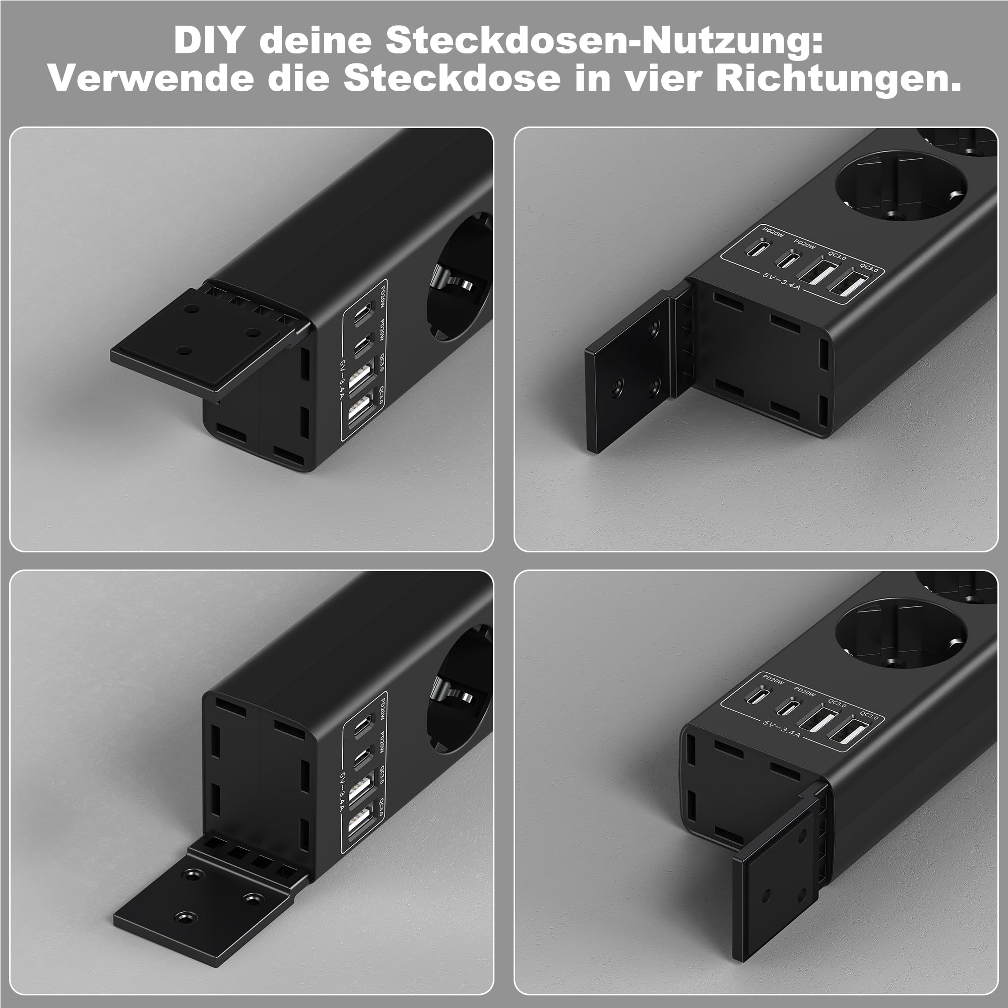 Multiprise 5 prises - Montage sous table - 2USB-C (PD20W) + 2USB-A (QC3.0 18 W) - 4000 W - Multiprise à monter sous le meuble avec interrupteur de protection contre les surcharges - Solution de