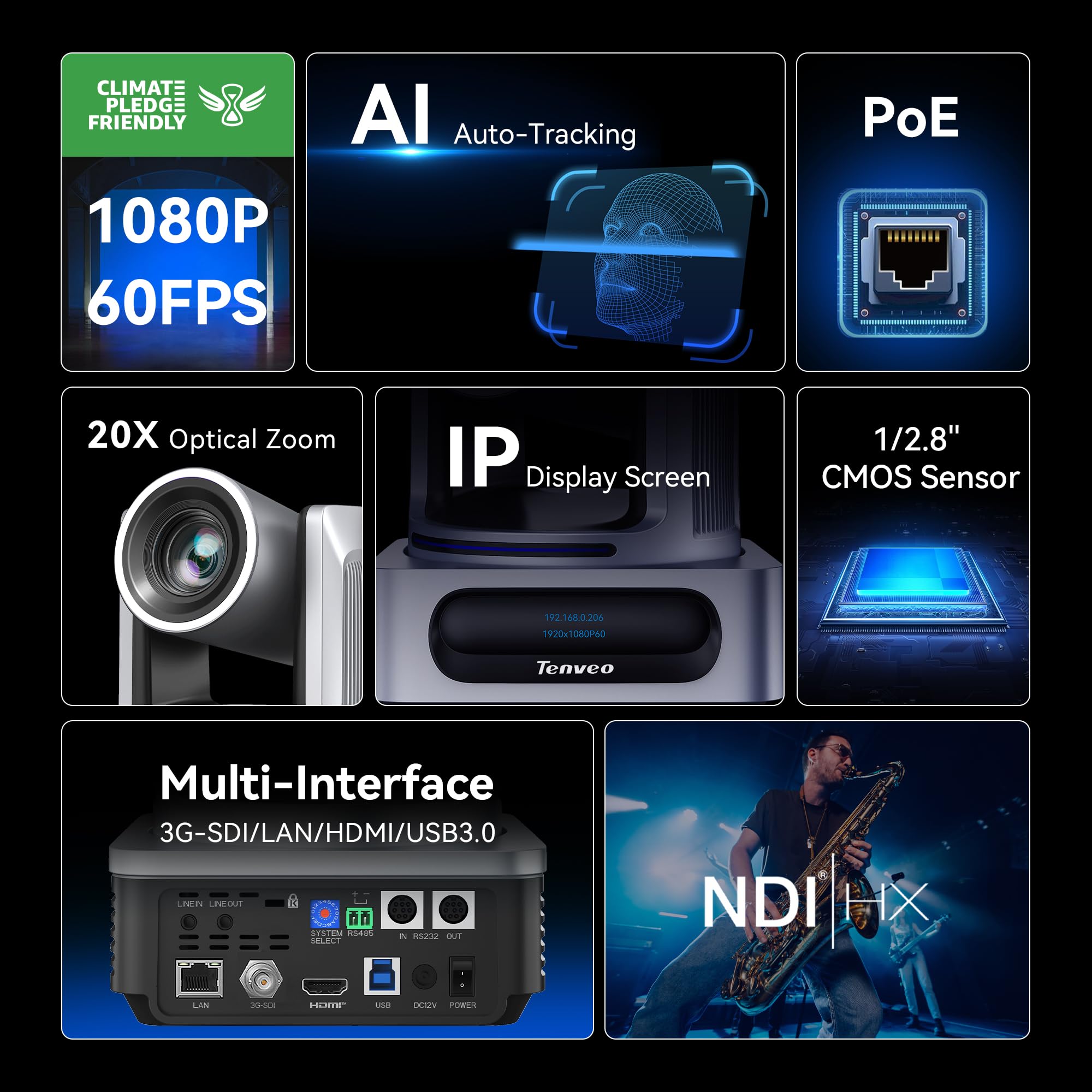Tenveo Cámara PTZ con NDI, Seguimiento Automático de Rostro y Silueta Humana con IA（2PCS）+NDI PTZ - Controlador de Palanca de Mando para cámara LCD de 7 Pulgadas