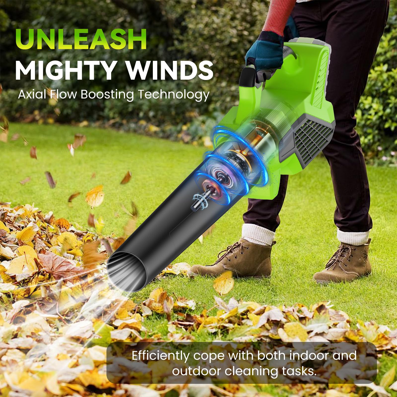 Soplador de batería de 21 V, soplador de hojas inalámbrico con batería de 2 x 4,0 Ah, 6 velocidades, soplador eléctrico sin escobillas para mantenimiento del jardín, pasillo, hojas, polvo y nieve