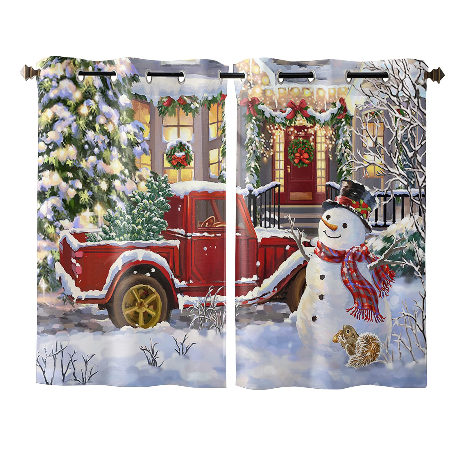 Christmas Curtains Panels for Bedroom Happy Snowman Red Truck Load Xmas Tree Window Curtains for Living Room Solding Glass Door - Set of 2 Panels, 80