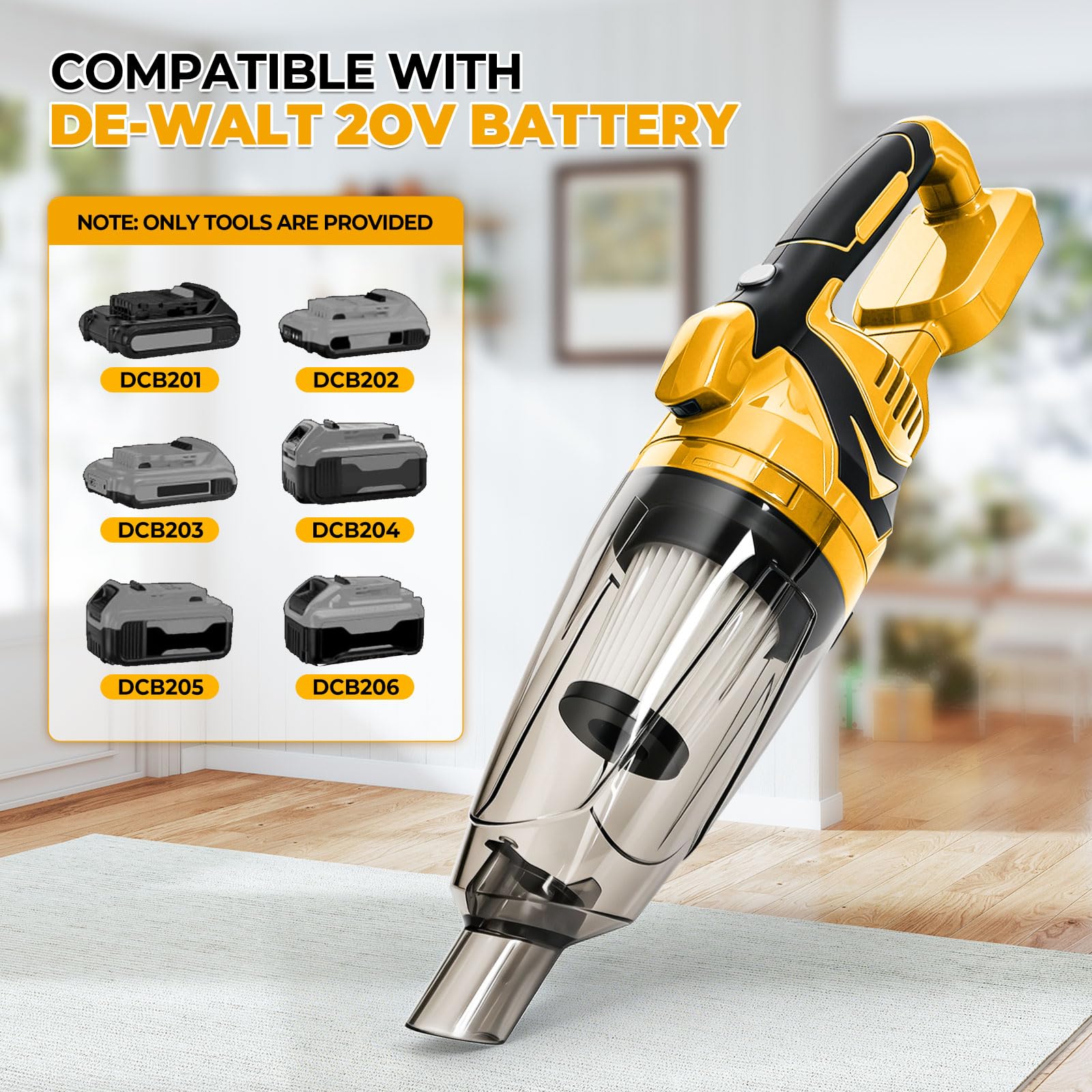Aspirador de mano inalámbrico compatible con baterías Dewalt de 18 V 20 V, potencia de succión de 10000 Pa, depósito de polvo de 750 ml, 4 boquillas y luz LED para la limpieza en seco del coche y el