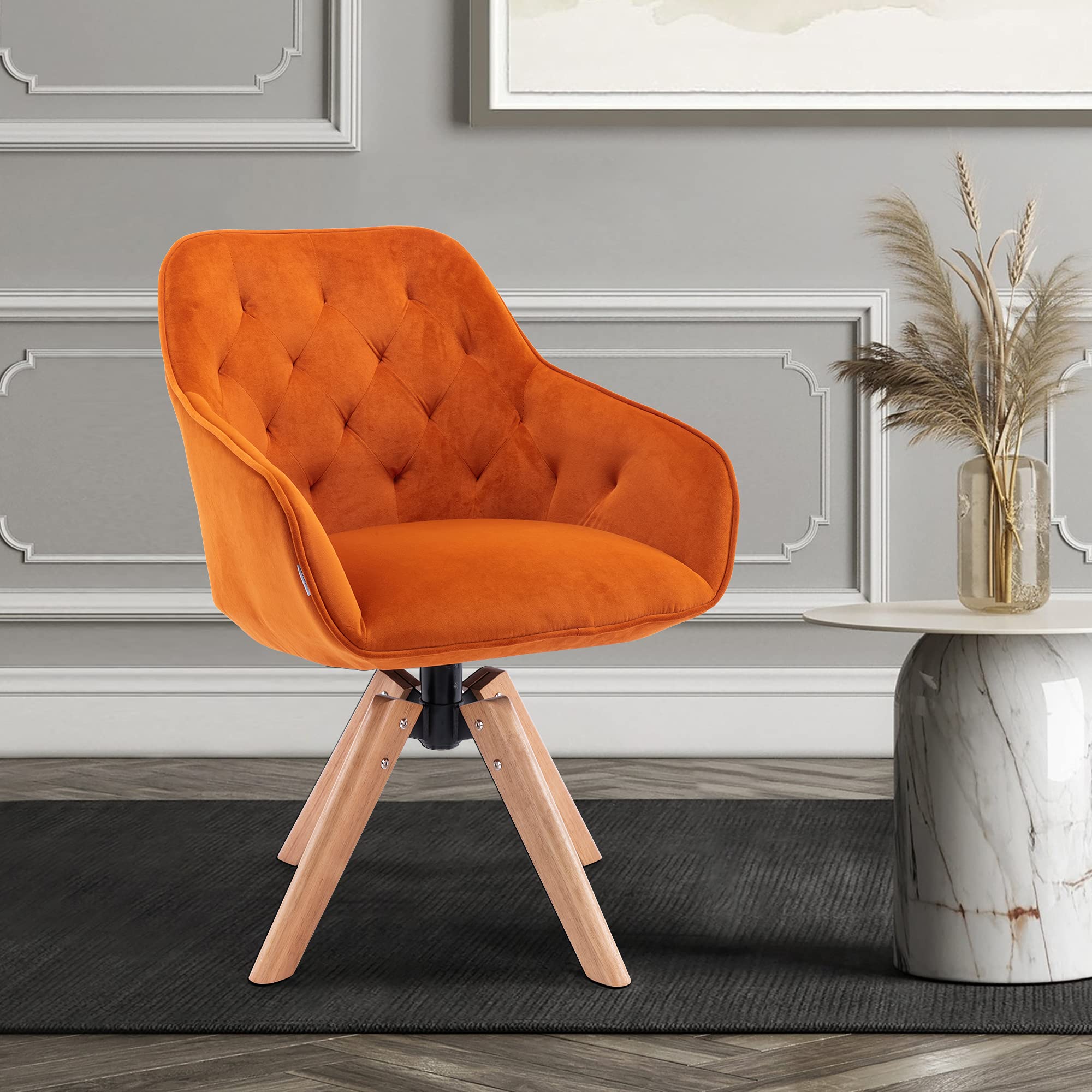 HomVent Velvet Leisure Chair, Mid-Century Modern Swivel Accent Chair with Soild Rubber Legs, Upholstered Cute Writing Desk Chair Without Wheels for Home Office Living Room Bedroom (Orange)