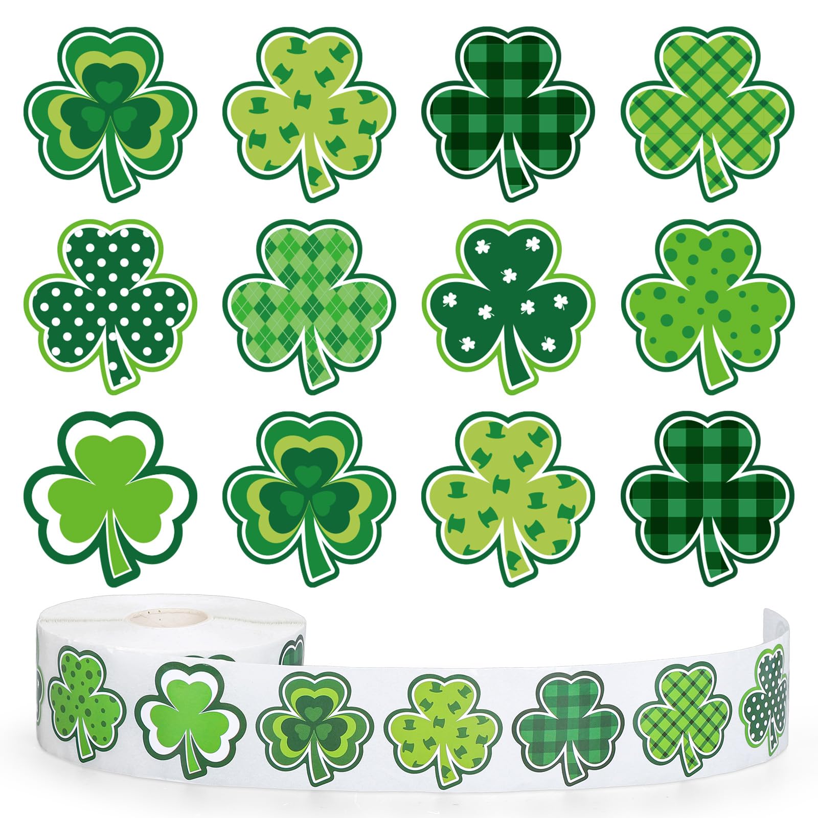 Whaline 1000Pcs St. Patrick's Day Shamrock Stickers Roll Green Patterned Clover Shape Self-Adhesive Sticker Decals for Scrapbook Journal Decor Irish