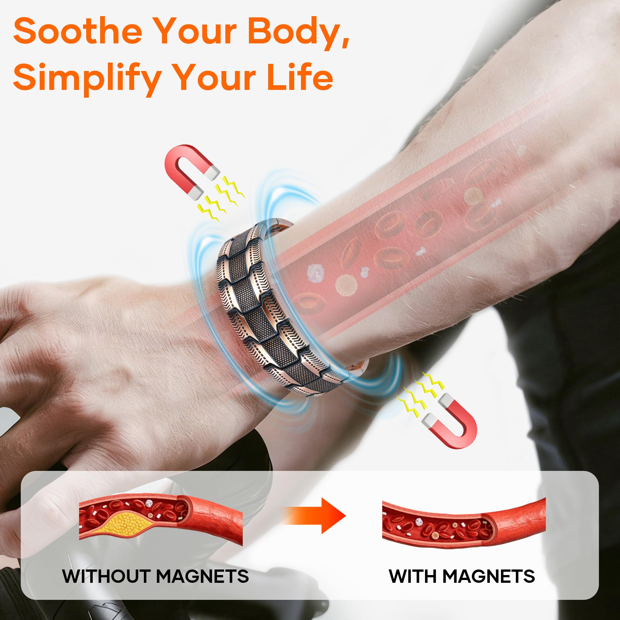 BOYUNSHI Bracelet en cuivre pour homme - 3 rangées de bracelets magnétiques ultra puissants - Design masculin breveté - 99,99 % - Bracelet magnétique en cuivre pur - Longueur réglable avec outil de