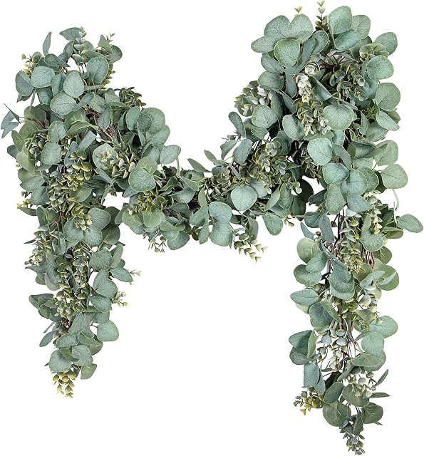 Eucalyptus Garland 6.56 Ft Lush Silver Dollar Eucalyptus Leaves Boxwood Artificial Faux Greenery Garland Vines for Baby Shower Wedding Party Table Runner Room Home Mantle Decor