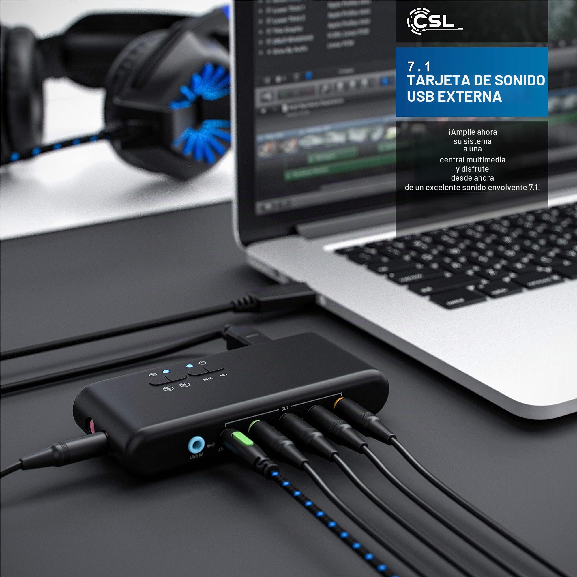 CSL - Tarjeta de Sonido USB 7.1 Externa 8 Canales - Canal 7.1 USB Soundbox - Dynamic 3D Surround Sound - para hasta 8 Altavoces - grabación reproducción simultánea - para Audio analógicos y Digitales