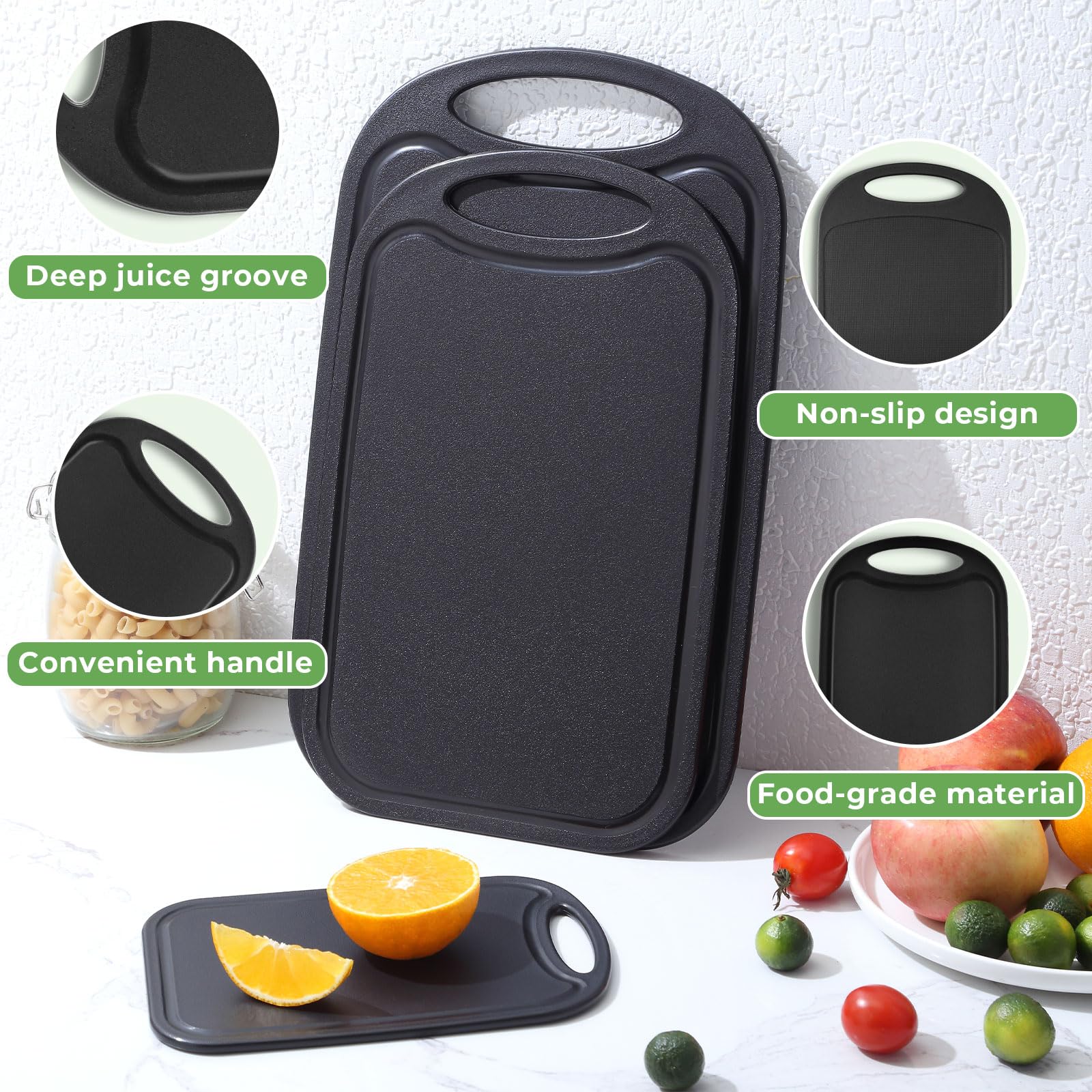 BEWOS Plastic Chopping Board Set, Juice Groove, Chopping Board with Easy Grip Handle, Ideal for Meat Veggies, Fruit, Dishwasher Safe - Image 3