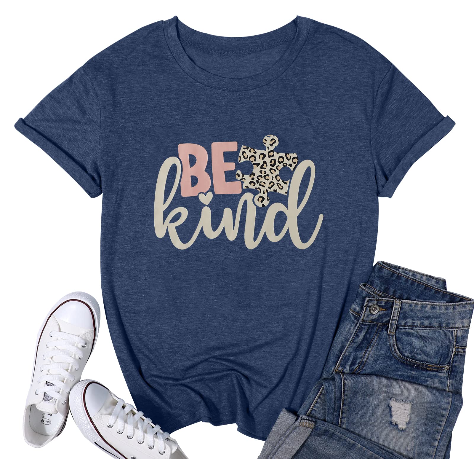 FLOYUWomen Autism Awareness Shirt Special Education Tops Be Kind Puzzle Tee Casual Mental Health Short Sleeve Shirt
