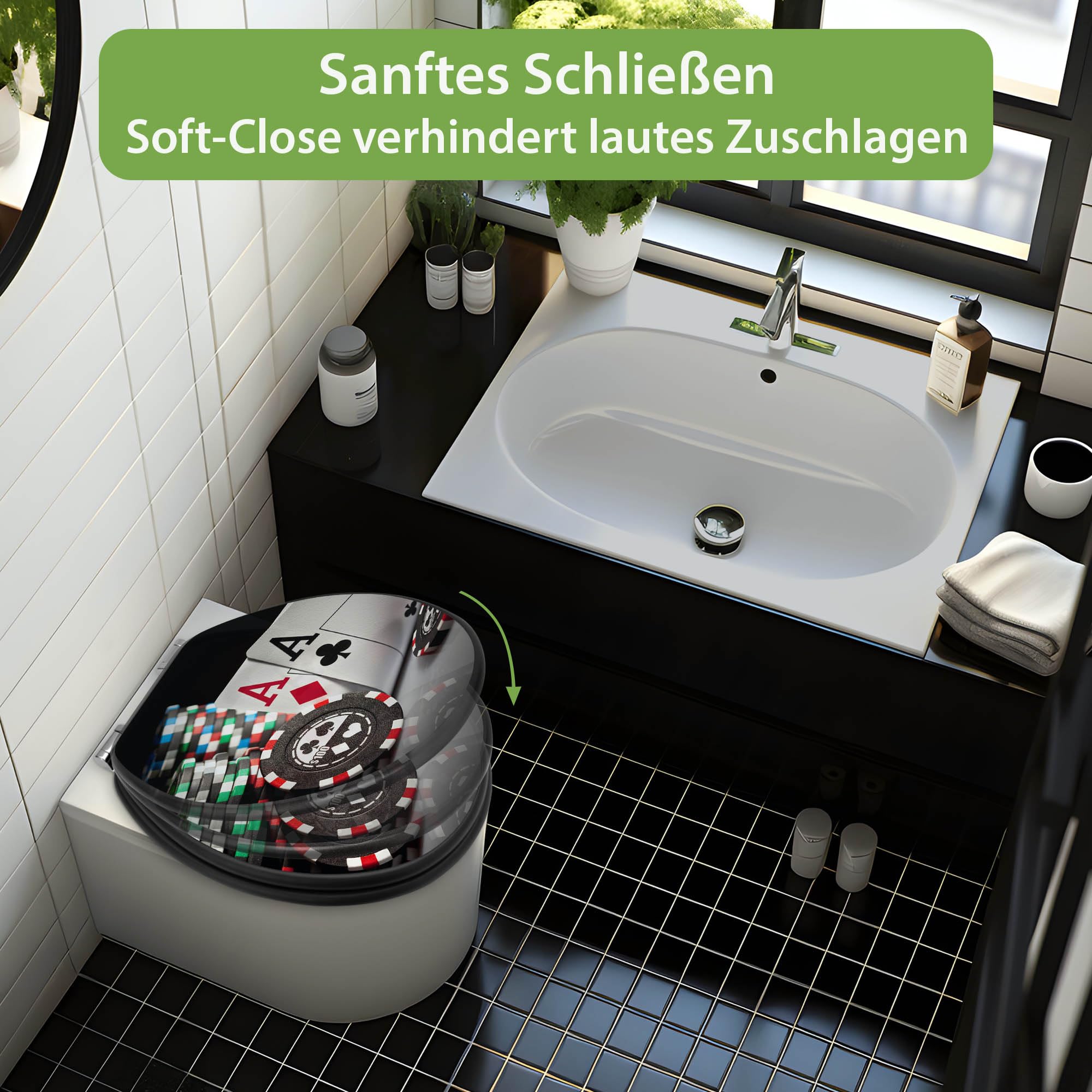 banjado WC Sitz Abstrakt & Muster - Absenkautomatik leise - 38 x 46,5 cm O-Form - MDF Holz Toilettendeckel anthrazit - Klositz grau pflegeleicht mit Softclose - Motiv Poker