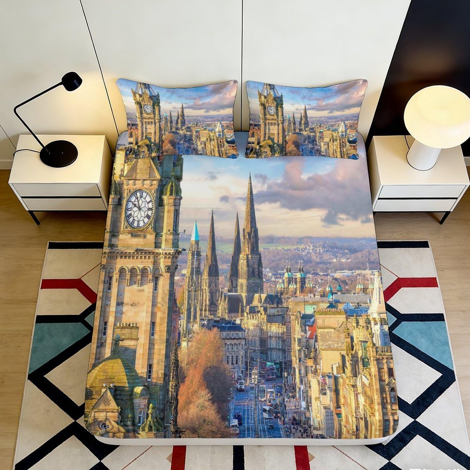 3D Printed Edinburgh Cityscape Fitted Sheet Microfiber Soft Urban Skyline Bed Cover for Bedroom Guest Room Decor 90x200x25cm