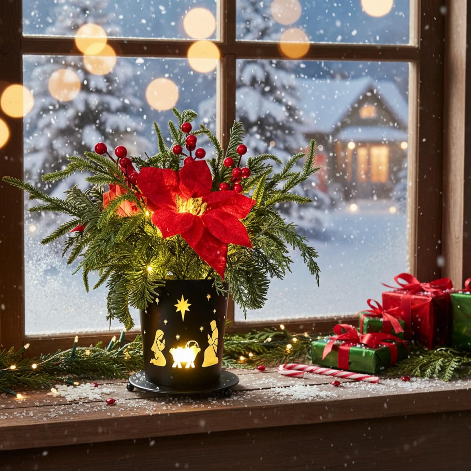 Lighted Christmas Centerpiece Metal Potted with Timer Christmas Nativity Scene Black Metal Base with Xmas Poinsettia Pine Needles Red Berries for Table Centerpiece Holiday Xmas Decor