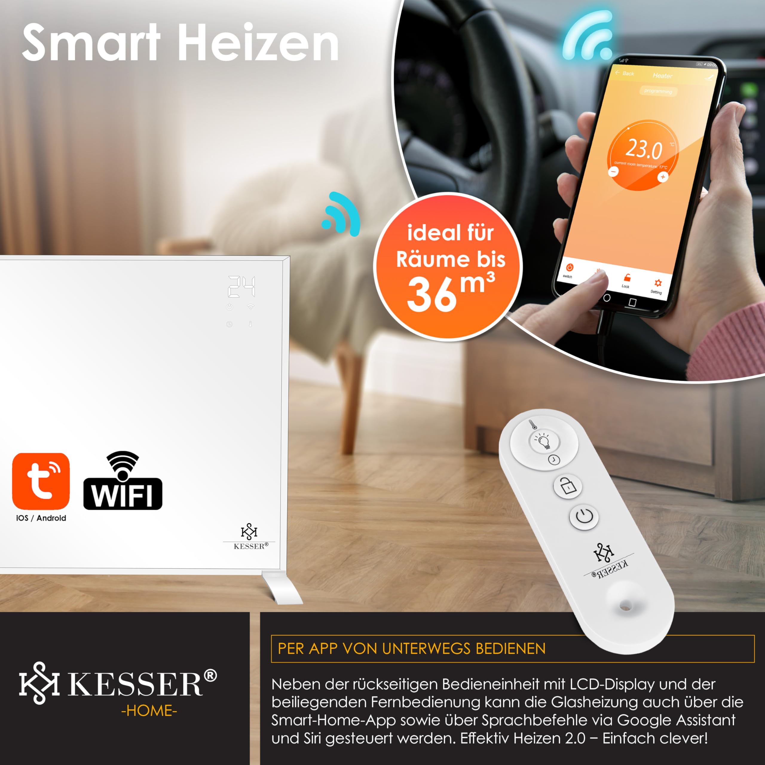 KESSER Infrarotheizung 540W Standgerät Wandmontage Elektroheizung mit Fernbedienung Thermostat App-Steuerung