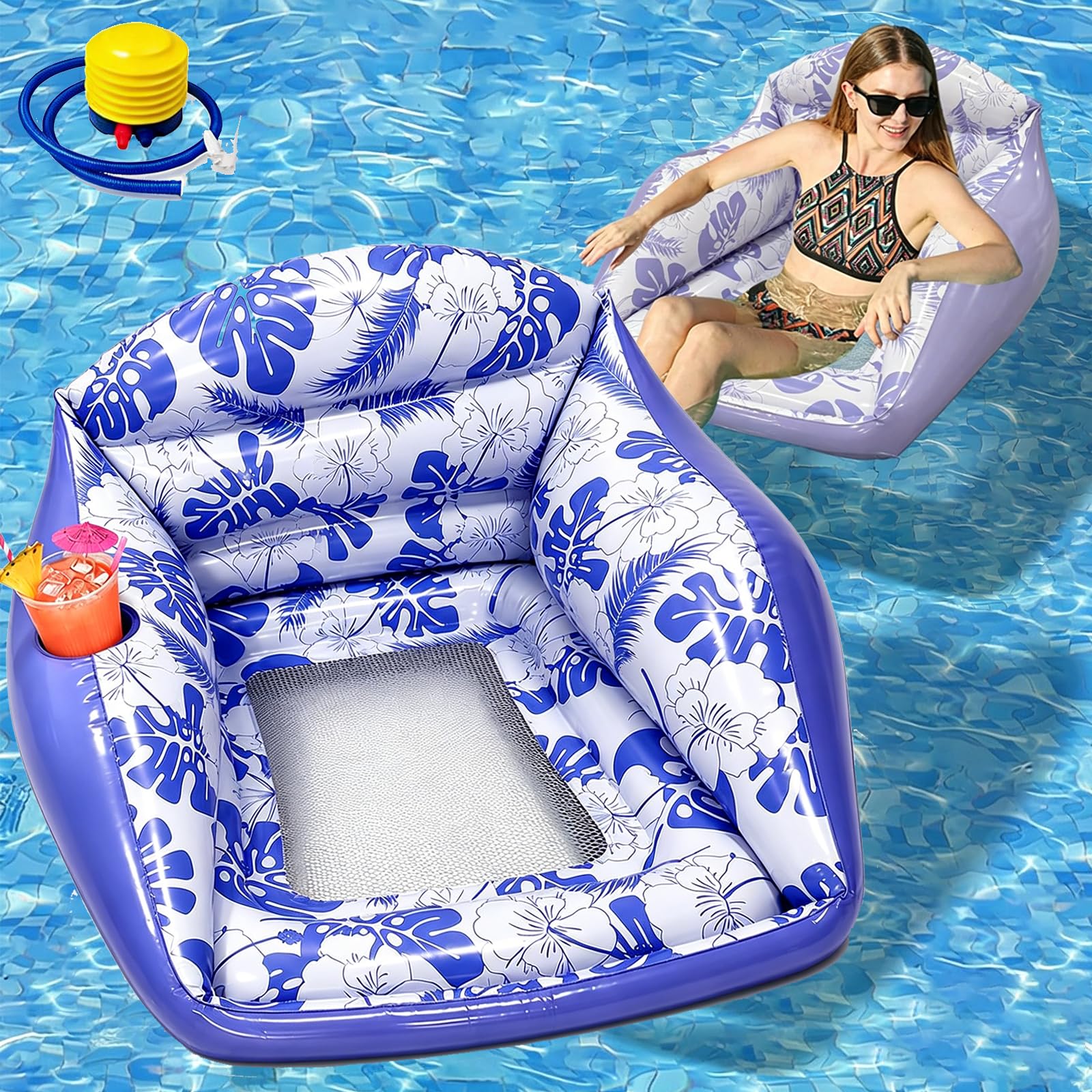 3-in-1 Inflatable Pool Lounge Chair, U-Shaped Inflatable Pool Float, Ergonomic, Cooling Mesh Seat, Tropical Print, Adult Floating Lounger with Cup Holder for Outdoor Beach Party (Purple)