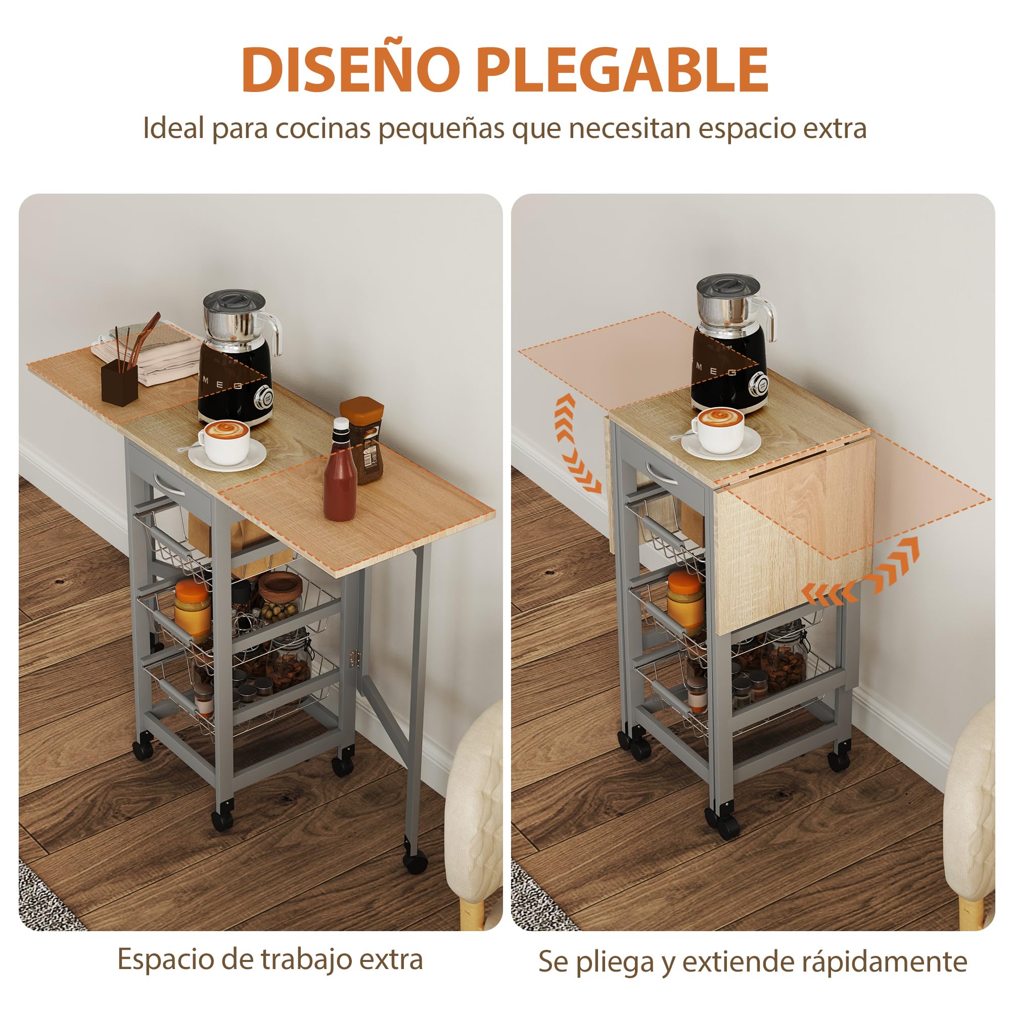 HOMCOM Carrito de Cocina con Alas Plegable, Carrito Auxiliar con Ruedas, Verdulero con Cajón y 3 Cesta de Metal, 97,2x37x77,5 cm, Gris y Roble