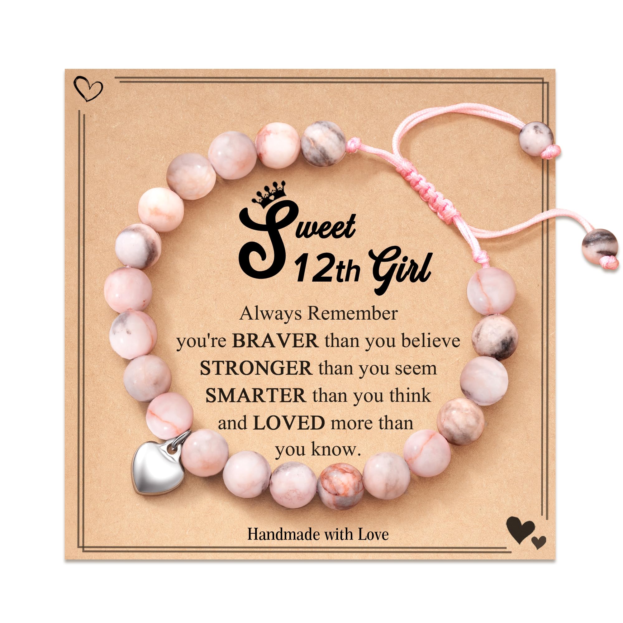FYUKISS 12 Year Old Girl Gifts, Pink Zebra Natural Stone Bracelet with Sweet Heart Charm for Daughter/Granddaughter/Niece