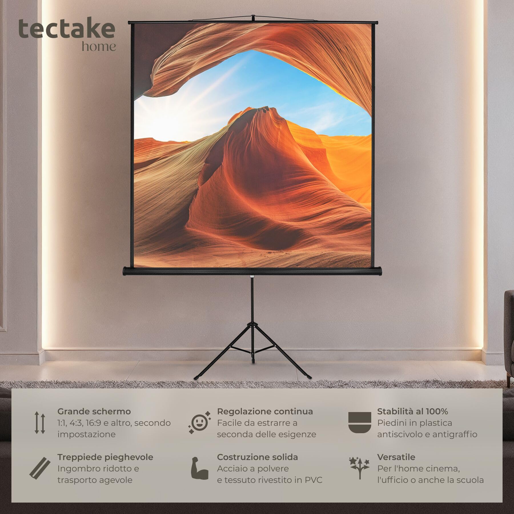 tectake® Schermo Proiettore 152x152 cm con Treppiede per Proiettore, Diagonale 84", Avvolgibile, Gain Factor1.0, Formati 1:1, 4:3, 16:9, Telo Proiettore Cinema a Casa, Ufficio, Ottimizzato HDTV e 3D