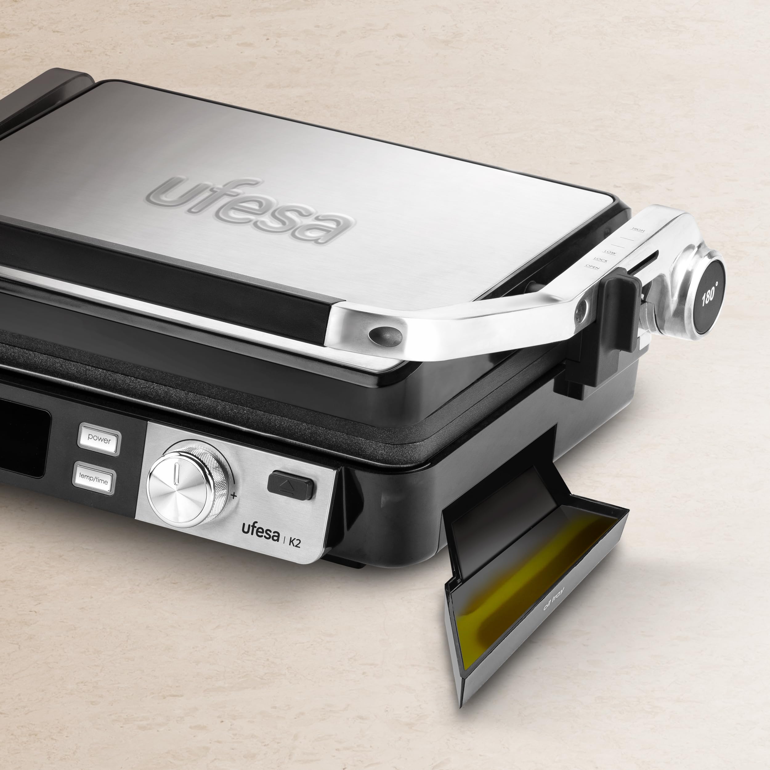 Ufesa PR K2 grill elektryczny, Panini Press Grill, 2000 W, płyty nieprzywierające 29 x 23 cm, wyświetlacz LCD, otwarcie od 105° do 180°, uchwyt zimny dotyk, sterowanie cyfrowe do 230 stopni, podajnik