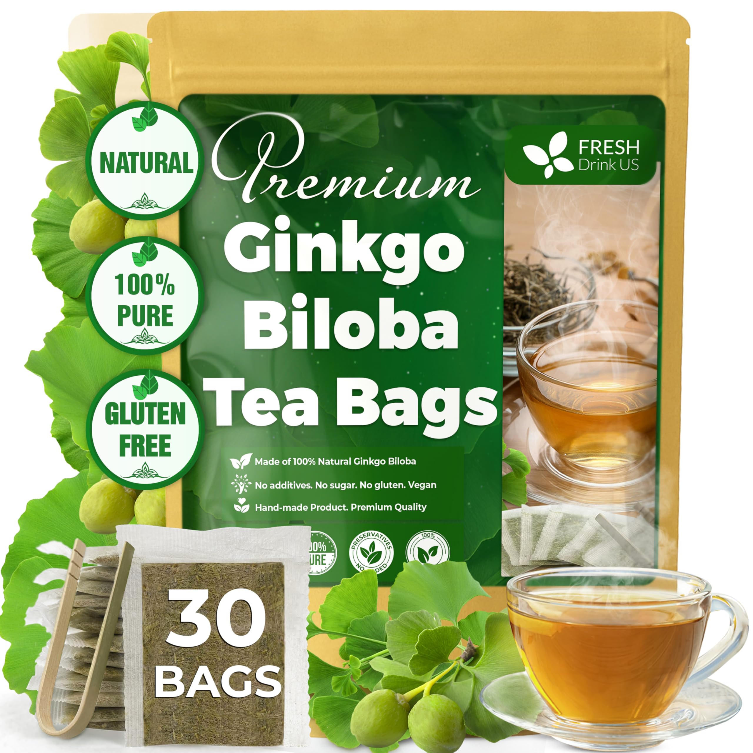 Premium 30 Ginkgo Biloba Leaf Tea Bags, 100% Natural & Pure from Ginkgo Biloba Leaves. Loose Leaf Herbal Tea. Made with Eco-Conscious Tea Bags. No Sugar, No Caffeine, No Gluten, Vegan.