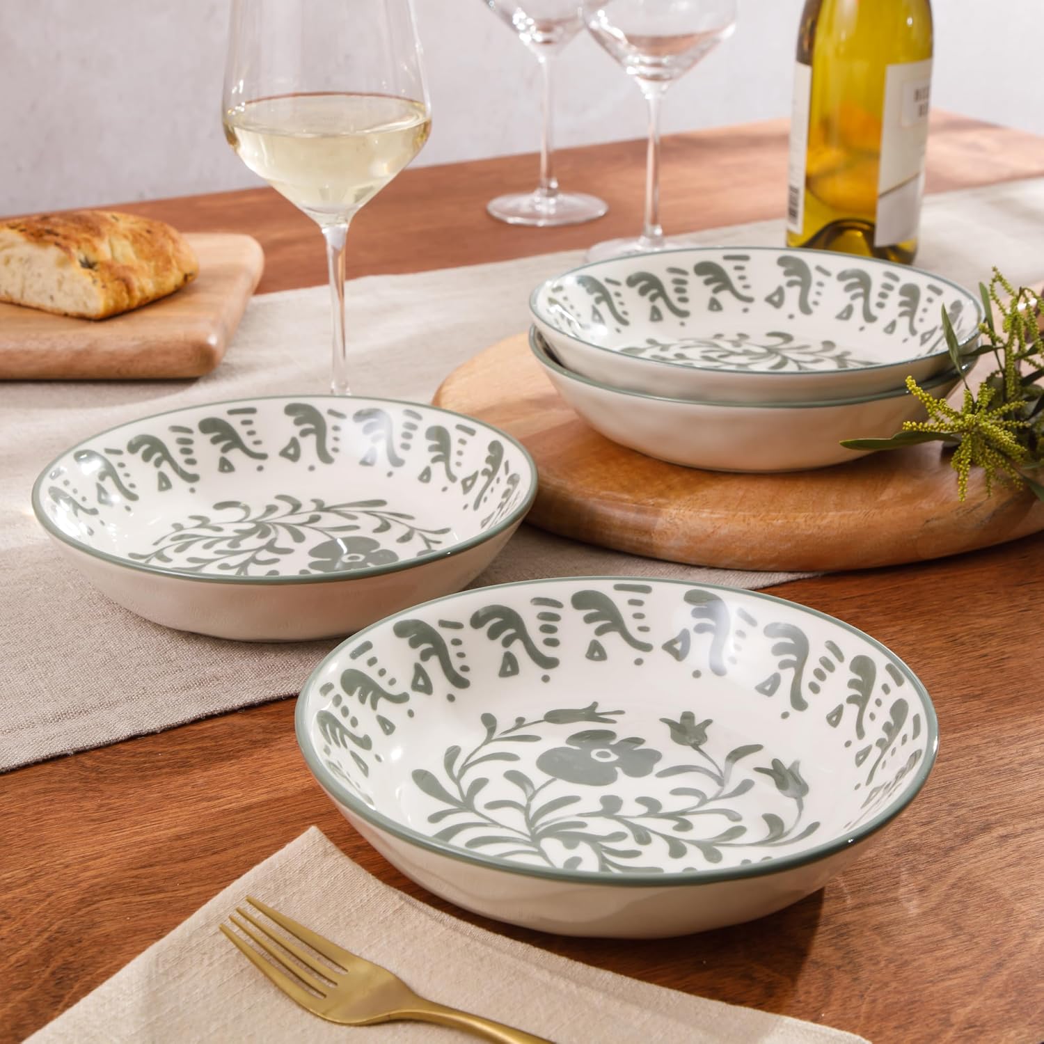 Bloomhouse - 2-Time Oprah’s Favorite Things - Valencia Flor 4 Piece Dinner Bowl Set, 8” Stoneware Pasta Bowls, Mediterranean Floral Decal Design, Microwave & Dishwasher Safe, Fern Green
