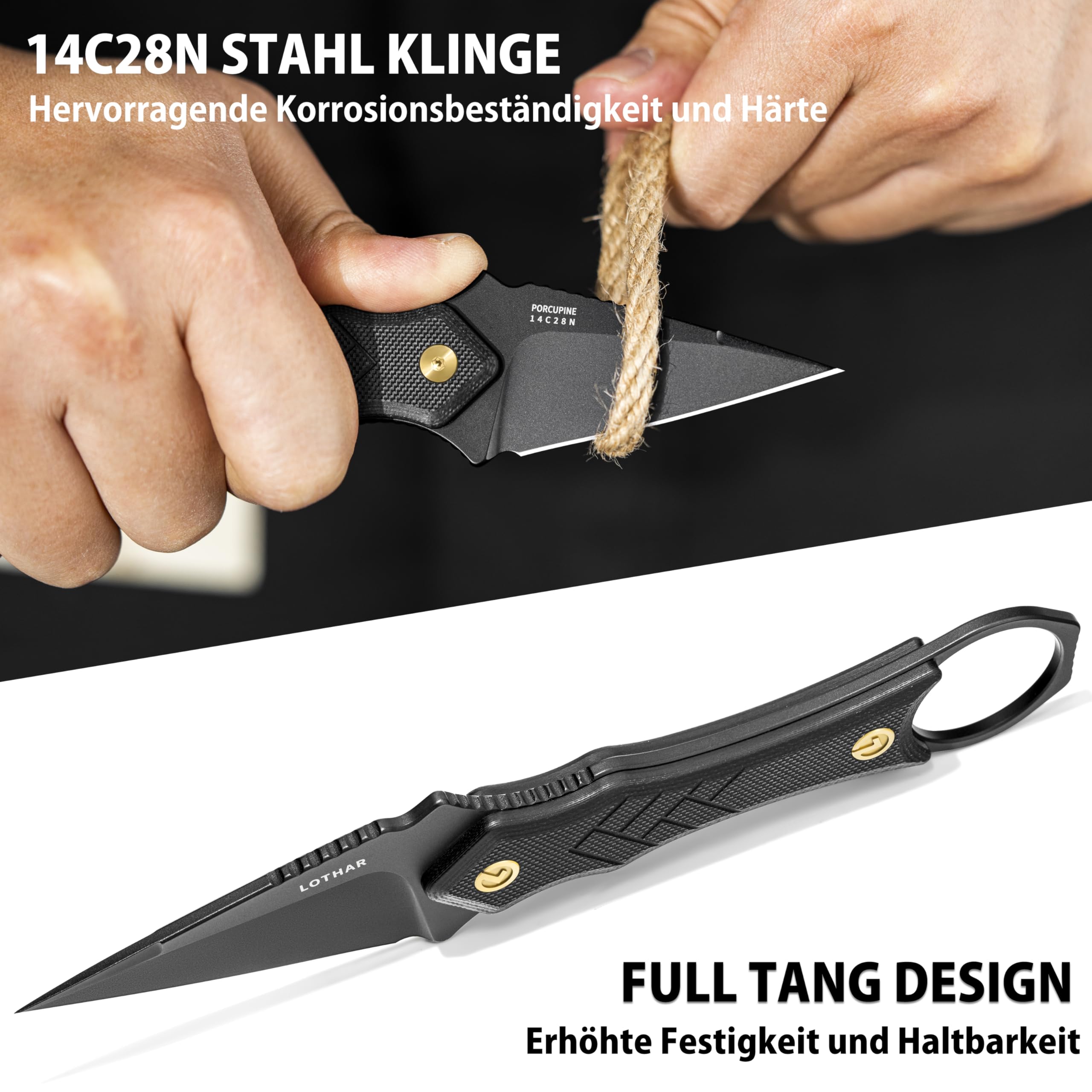 LOTHAR PORCUPINE 14C28N Stahl Neck Knife Messer,42A Fulltang Kleines Feststehendes Messer mit G10 Griff, Outdoor Messer mit Kydex Scheide und Gürtelclip (Schwarze Klinge)