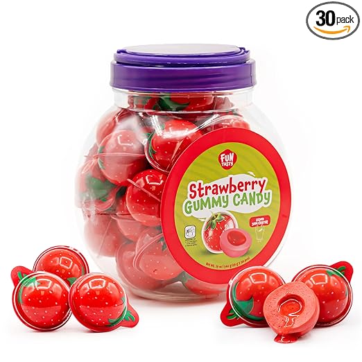 Strawberry Gummy Balls - 19 Ounce Jar (30 Count) - Jelly Filled Gummies - Individually Wrapped Gummy Candy - Kids Party Favors - Candy for Goody Bags by Funtasty