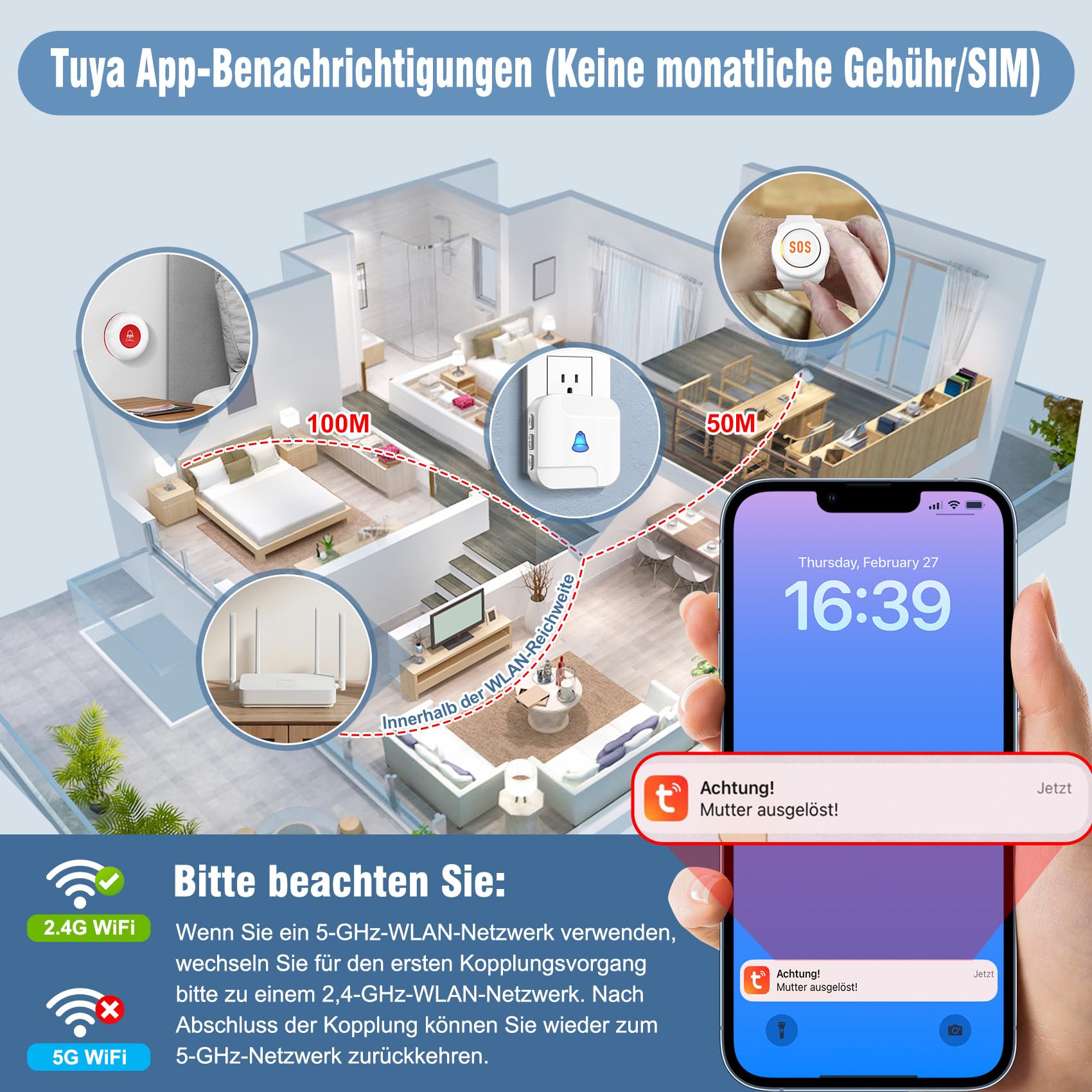 ChunHee WiFi Notrufknopf für Senioren Notfallarmband Emergency Alert System für Senioren Patienten Behinderte Ältere (unterstützt nur 2.4GHz Wi-Fi) (1*empfänger + 2 Taste + 1*Armband)