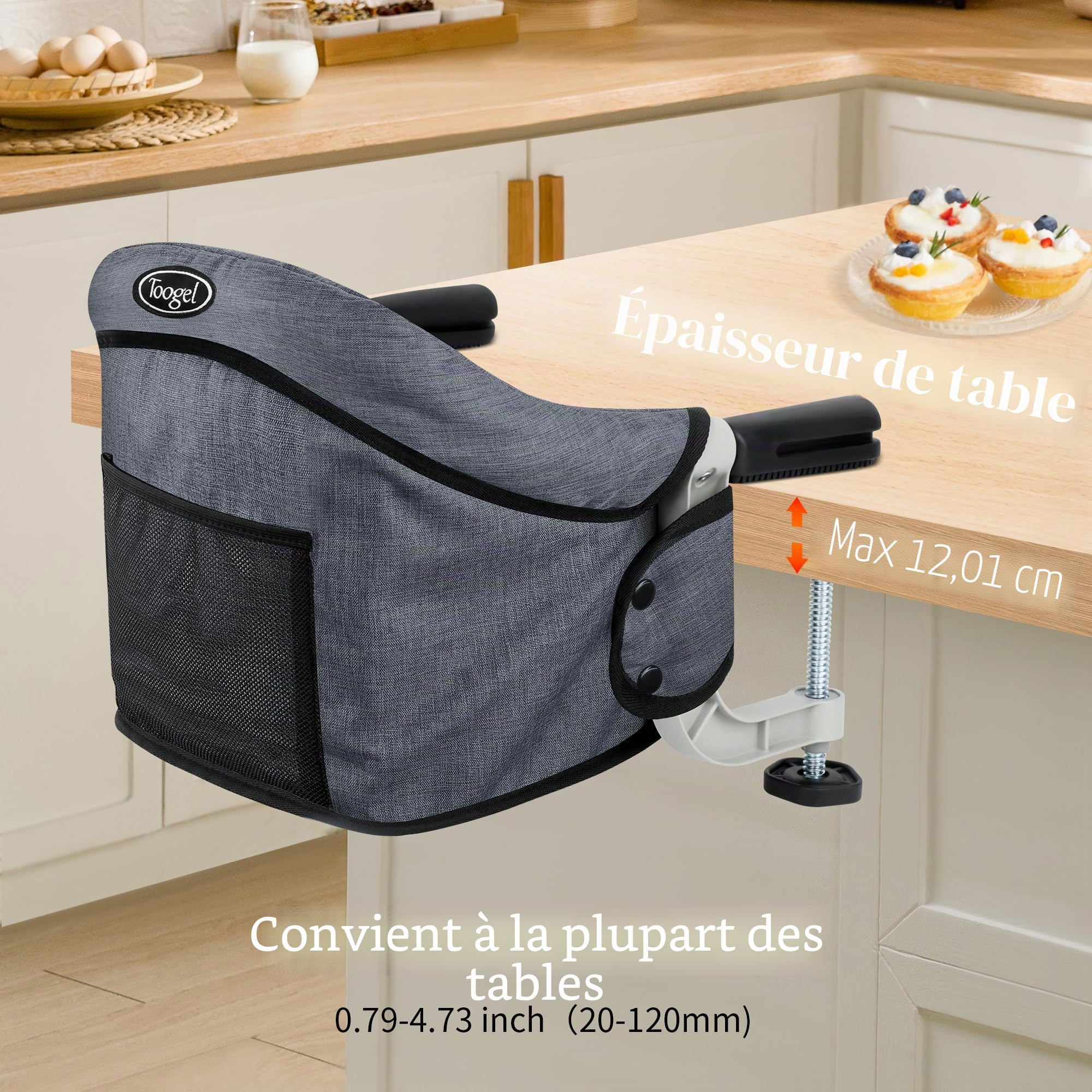 Toogel Siège de Table pour Bébé, Chaise Haute Portable Pilante avec Harnais de Sécurité, Chaise Enfant de Table avec Sac de Transport pour Maison et Voyage (Gris)