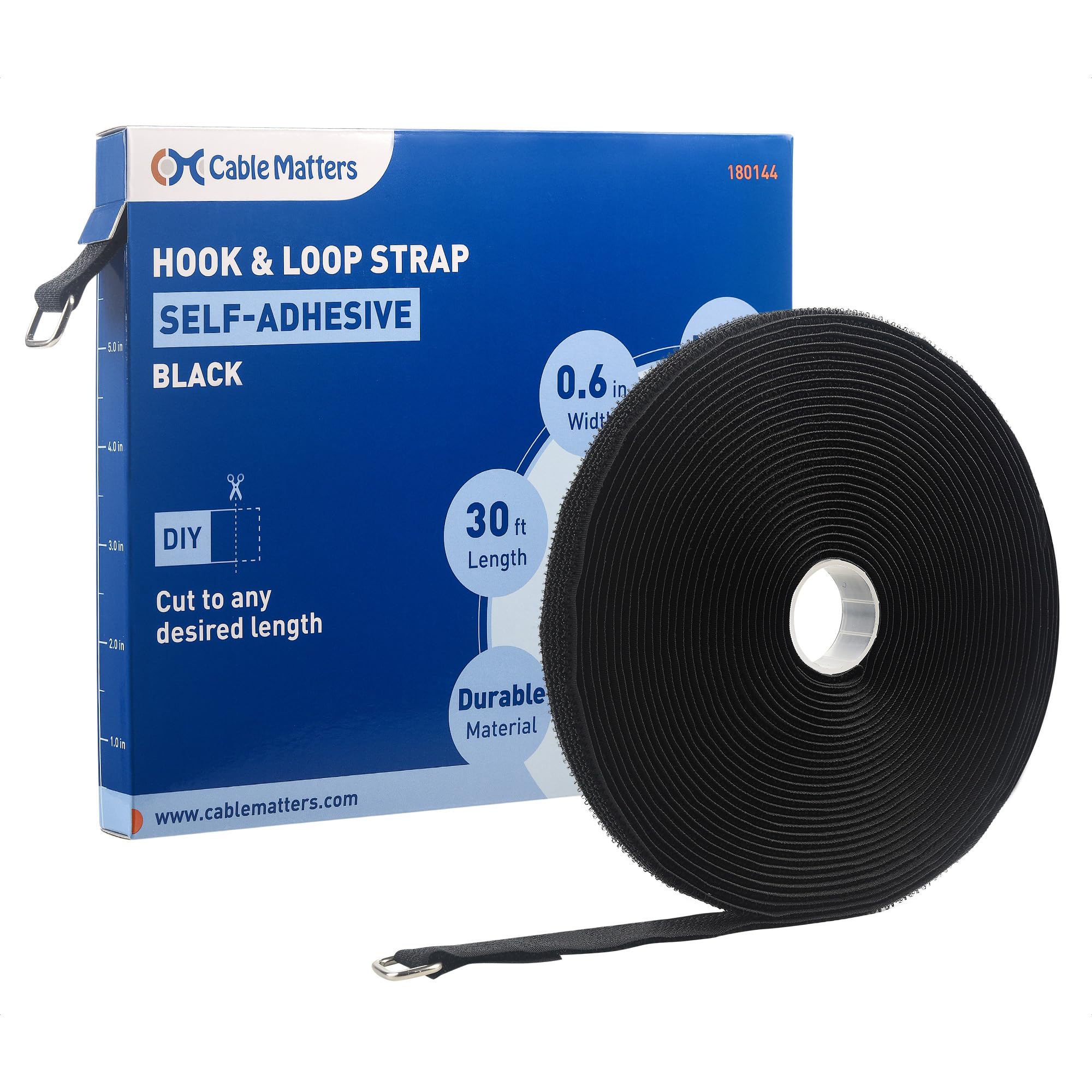 Cable Matters Cinghie a strappo con fibbia, rotolo da 9 m con 45 fibbie metalliche, cinghie regolabili per cavi larghe 15 mm, nero