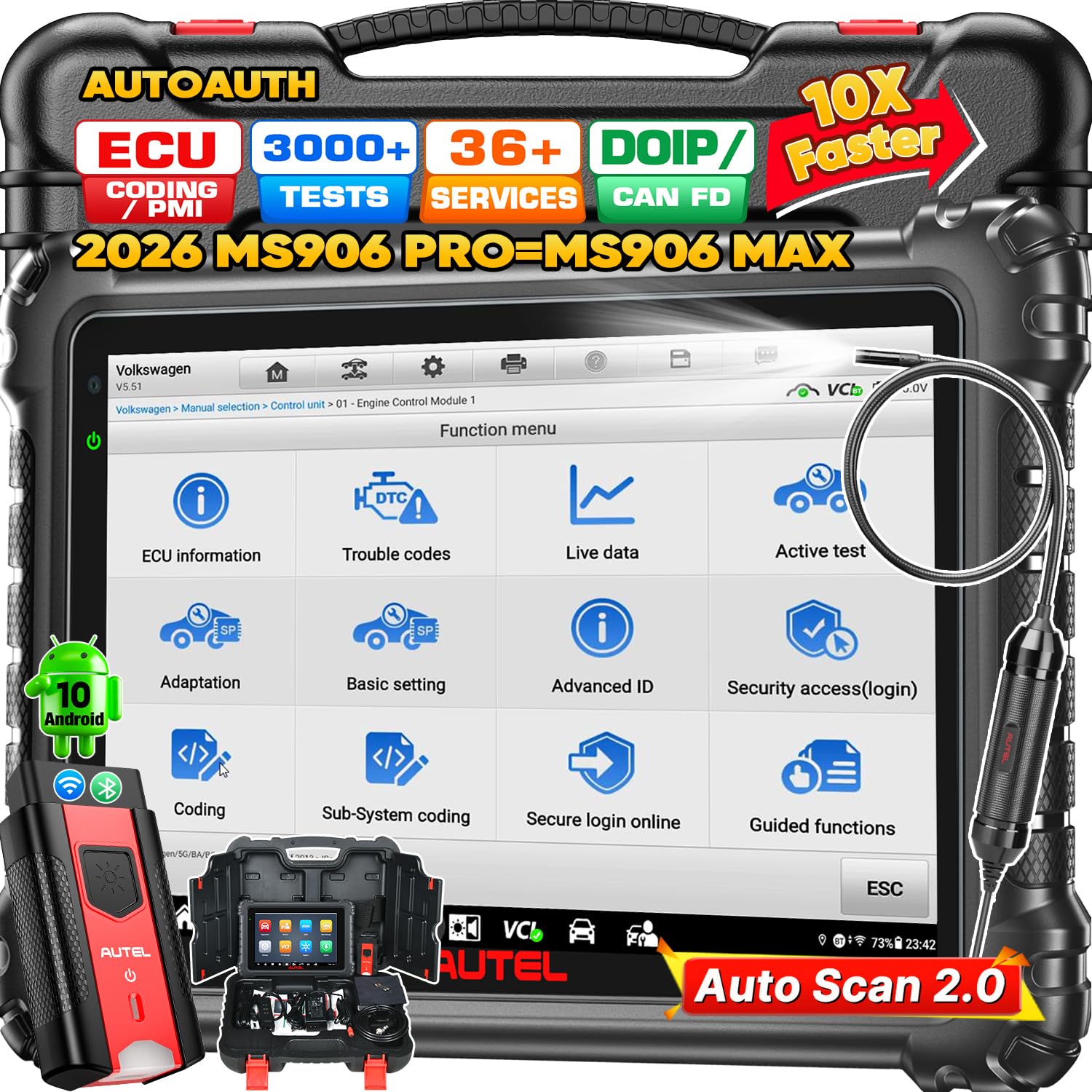 Scanner MaxiSys MS906 PRO, 2026 MS906PRO Same as MS906MAX, 2.0 of MS908S MS906BT MK908 II, DoIP CAN FD, 36+ Service, 3000+ Active Tests, Auto Scan 2.0, OE Bidirectional Diagnostic, 4G/128G, FCA