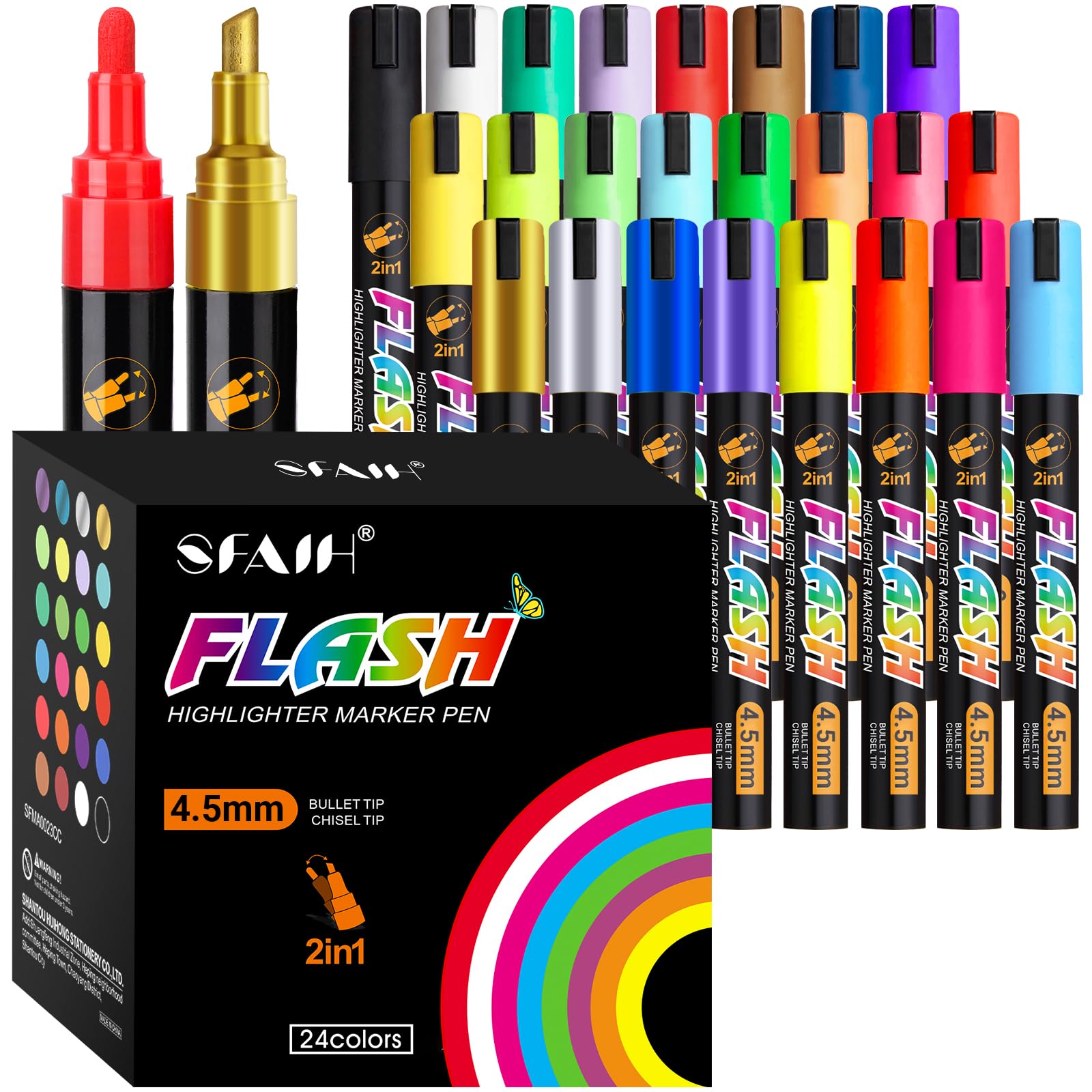 SFAIH Liquid Chalk Markers for Blackboard Glass, 24 Colors 4.5mm 2-in-1 Tip
