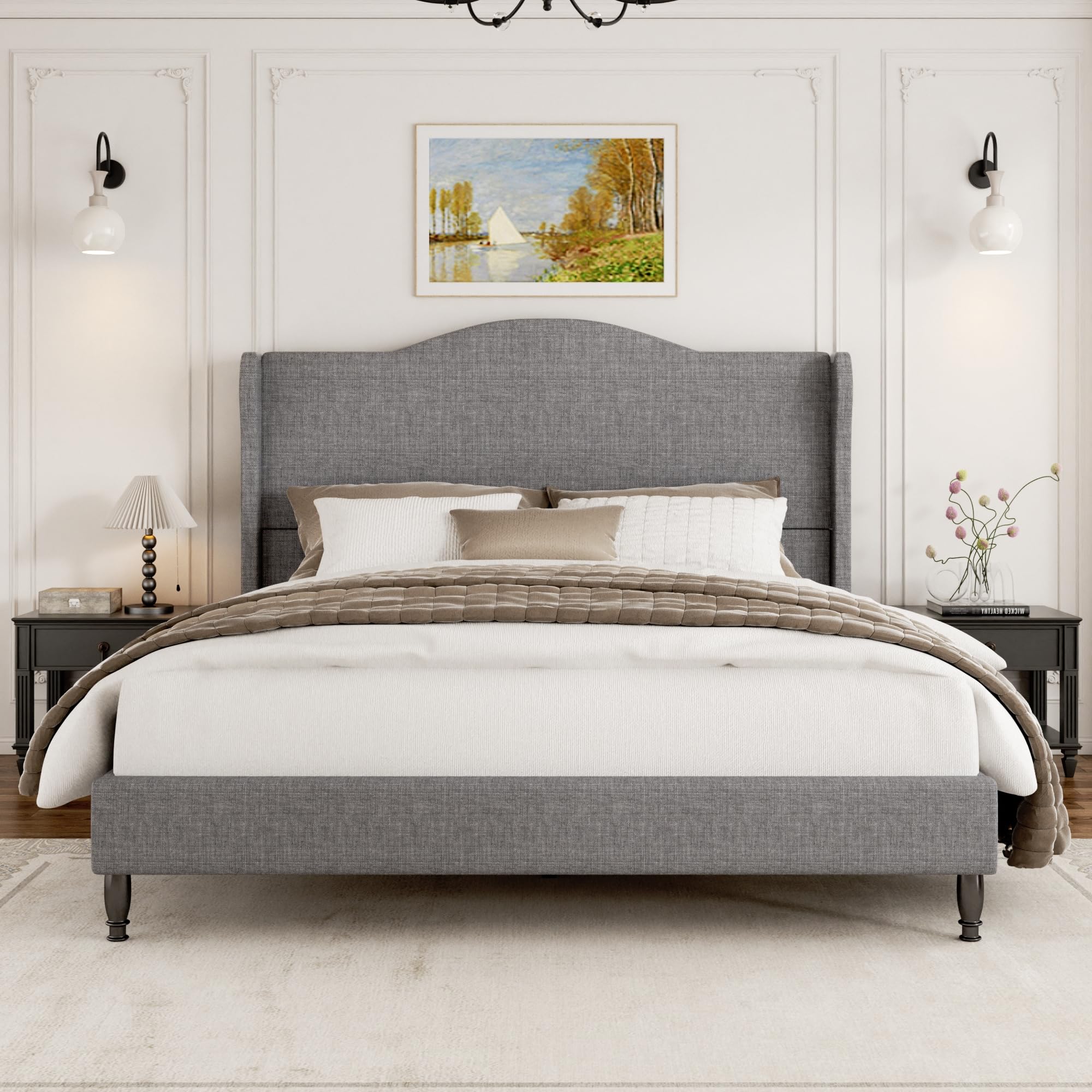 Queen Size Bed Frame, Upholstered Platform Bed with Tall Arched Headboard Wingback, Sturdy Wooden Slat Support, Easy Assembly No Box Spring Required, Soft Fabric Bed for Bedroom, Light Grey