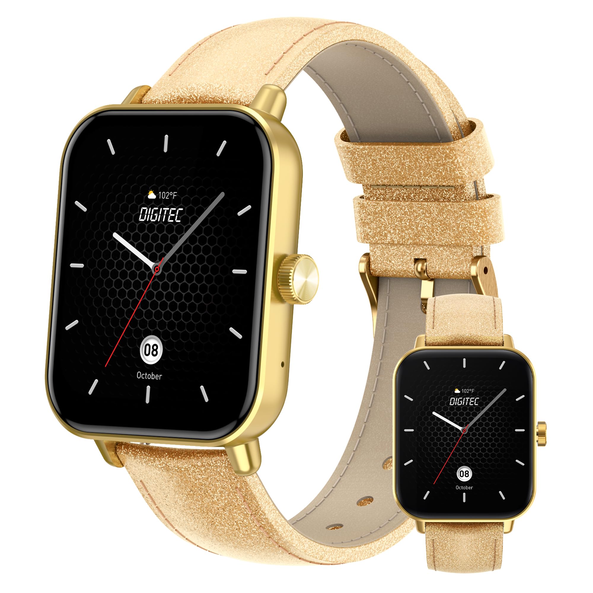 Digitec Montre connectée Square dorée, avec Bracelet Cuir doré pailleté, Femme, Suivi activité et Sommeil