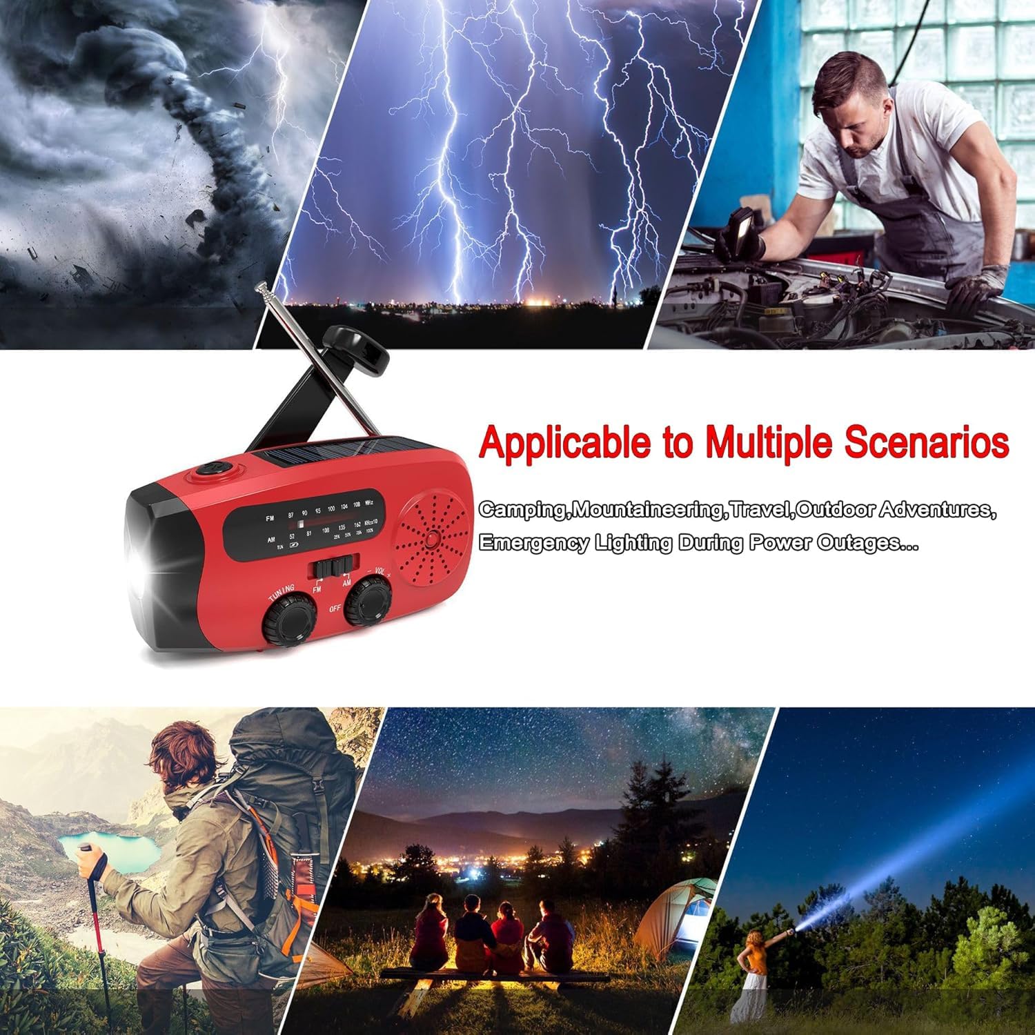 Radio Solare a Carica Manuale AM/FM Portatile con Torcia LED e Power Bank 2000mAh
