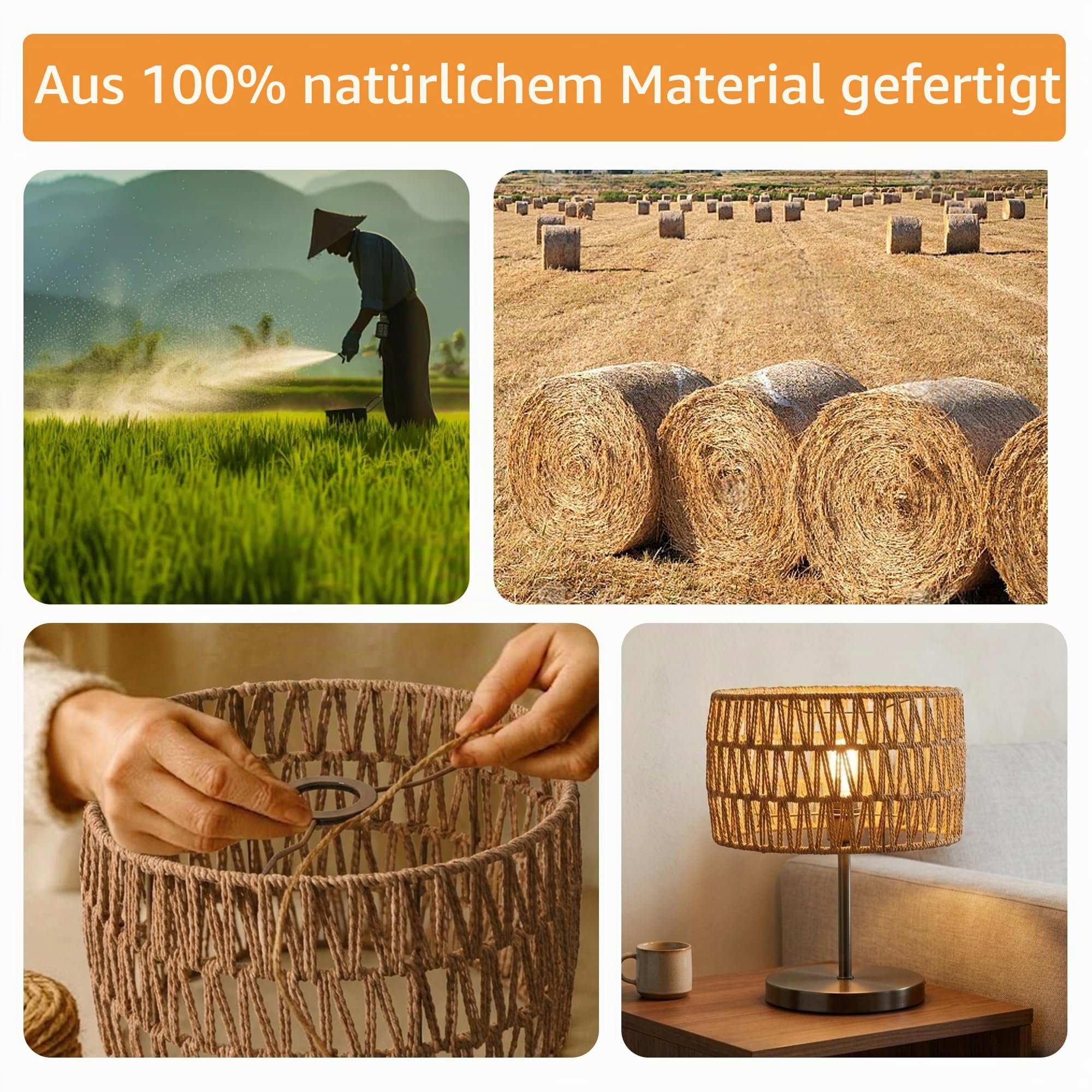 Rattan Lampenschirm, handgeflochtener Boho-Trommelschirm für E27